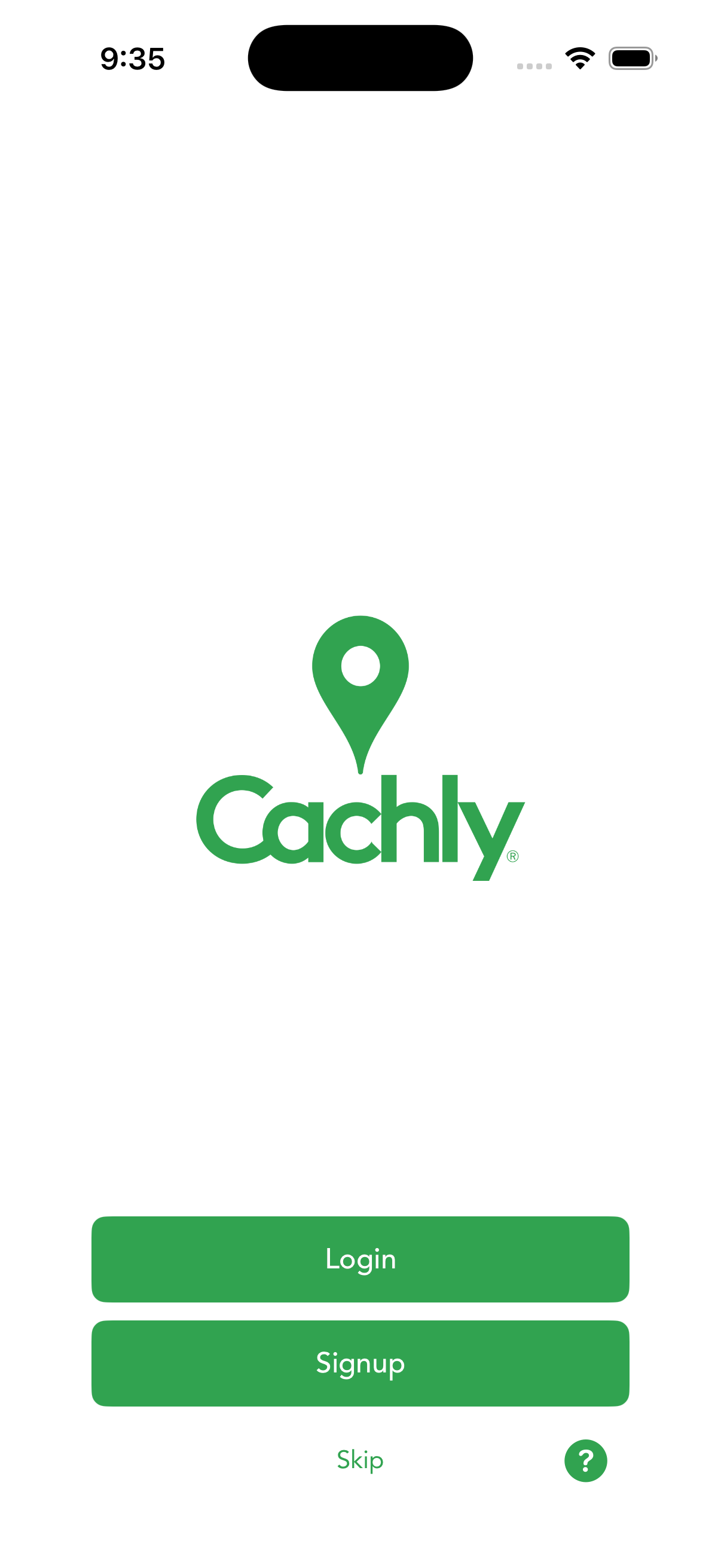 The login screen — sign in with your geocaching.com account, sign up, or skip to explore.