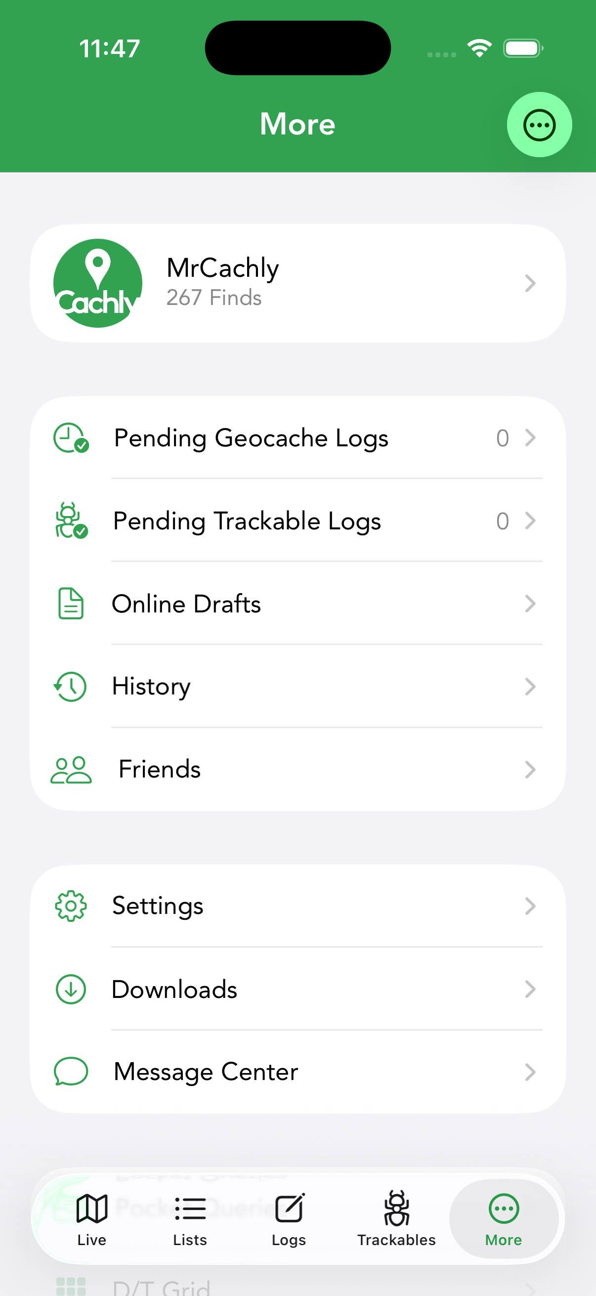 The More tab gathers your profile, pending logs, drafts, history, settings, downloads and more.