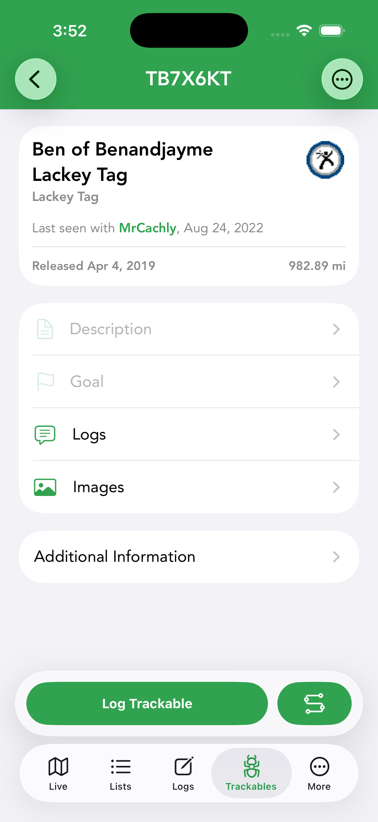 A trackable’s detail screen, with Description, Goal, Logs, Images and a Log Trackable button.
