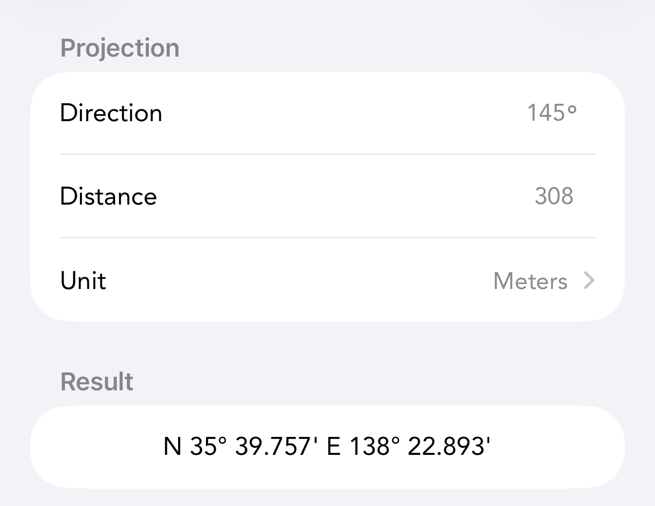 The Add Projection screen: Direction 145 degrees, Distance 308, Unit Meters, and the resulting coordinate shown below.