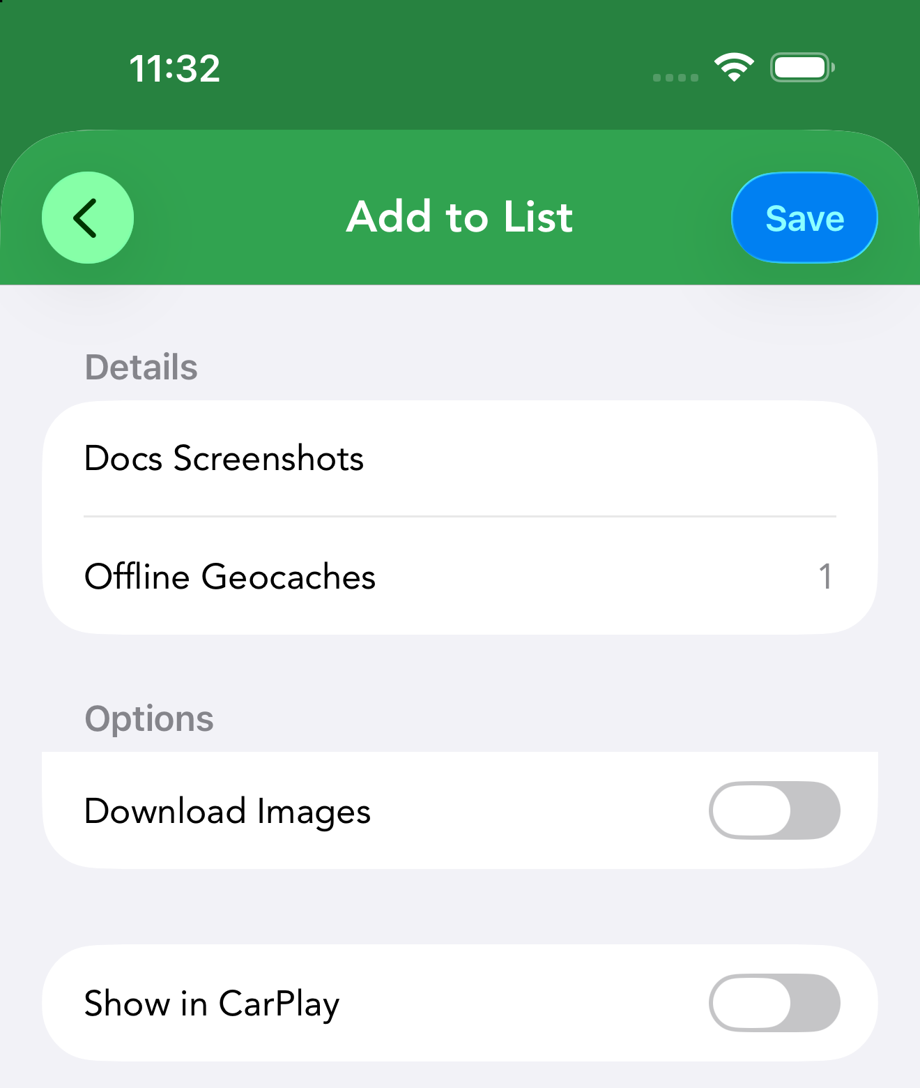 Confirming an Add to List — how many geocaches will be saved offline, plus Download Images and Show in CarPlay.