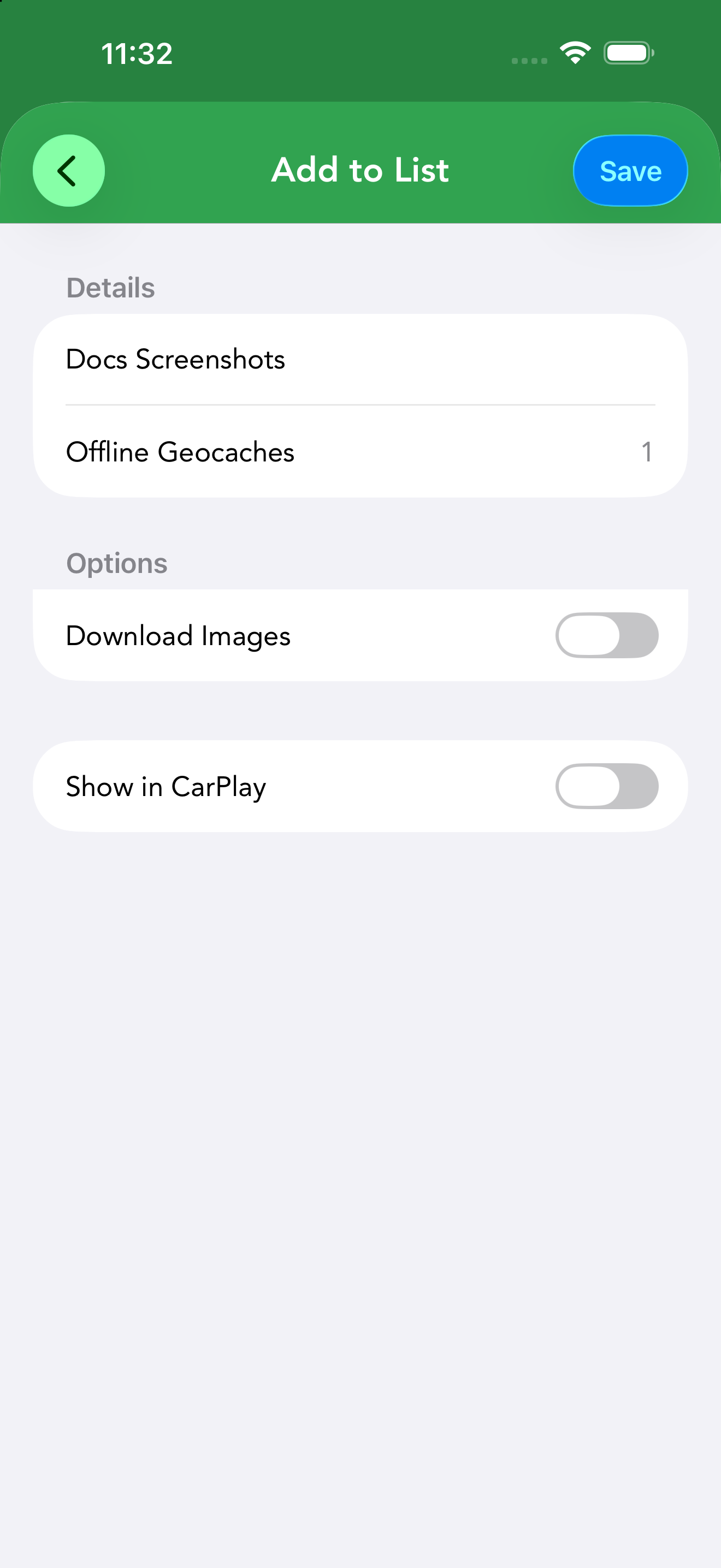 Confirming an Add to List — how many geocaches will be saved offline, plus Download Images and Show in CarPlay.