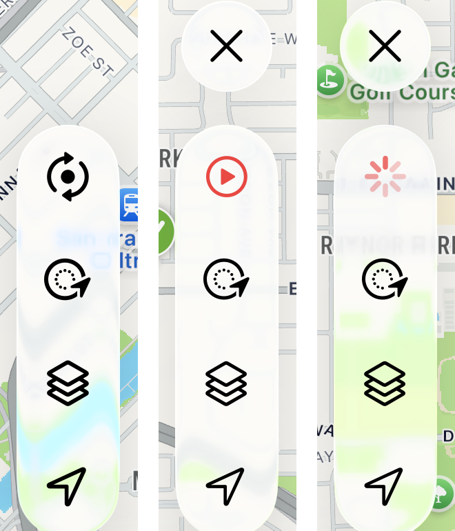 The top tool-stack button, left to right: Auto Load off (refresh arrows), on (red play button) and loading (spinner). The X clear button stays visible while Auto Load is on.