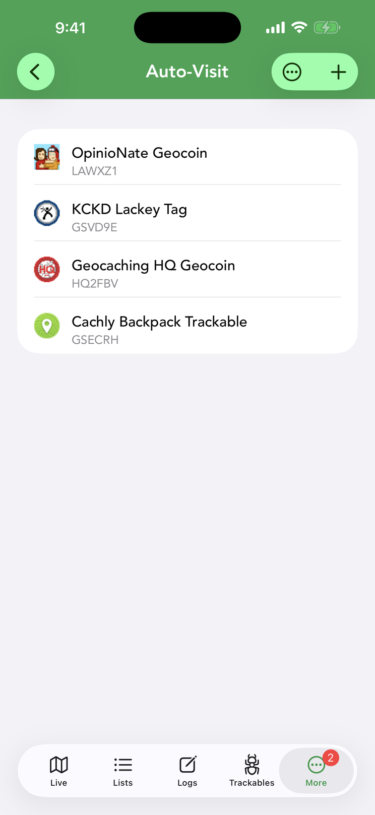 The Auto-Visit list — four trackables that will be visited with every qualifying log; ⋯ manages the list, + adds more.
