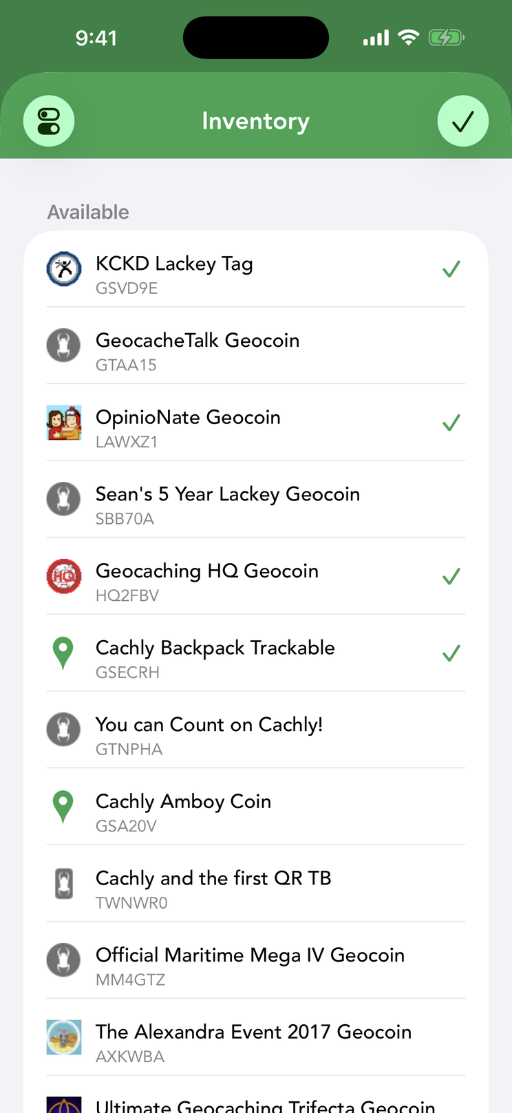 Adding from your inventory: tap rows to check or uncheck them, use the toggle button (top-left) to select all, then tap ✓ to finish.