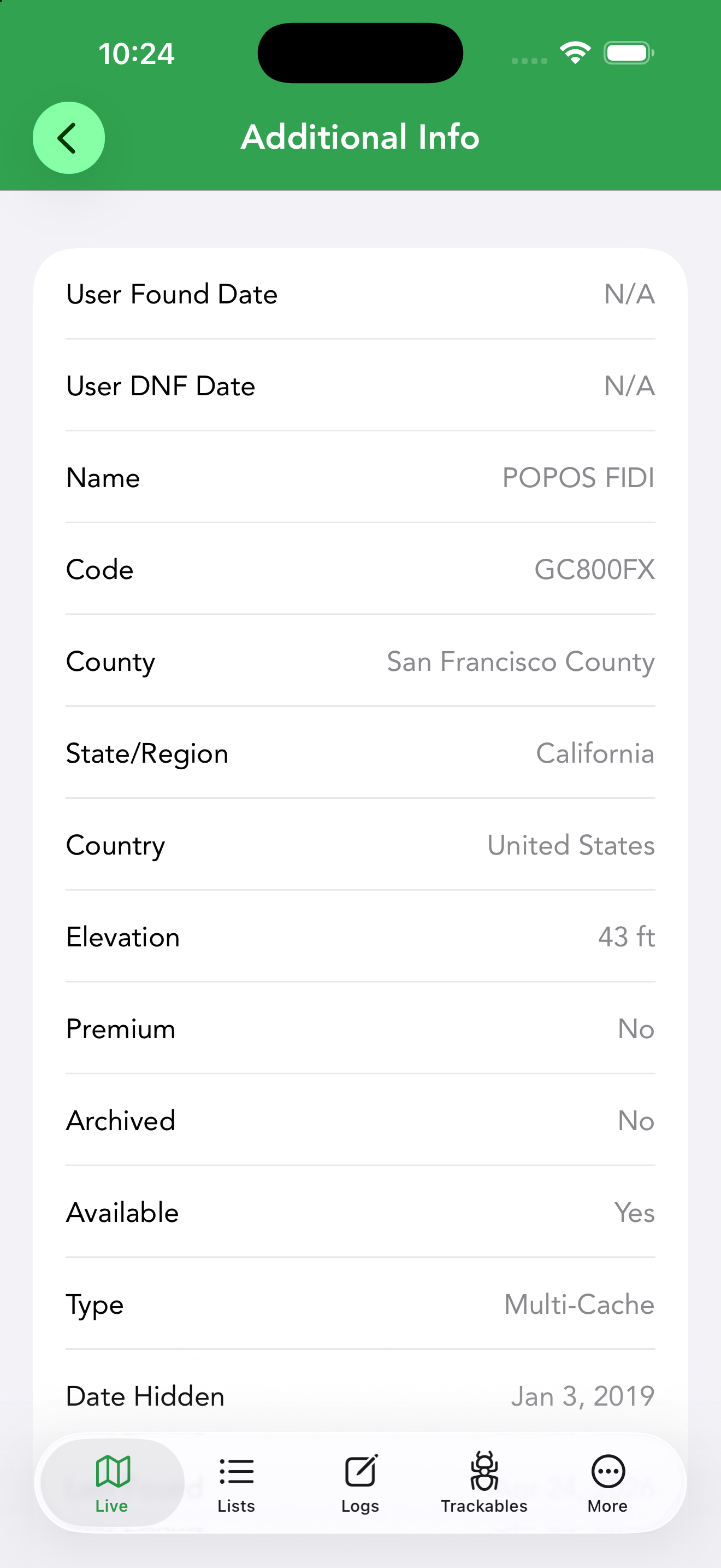The Additional Information screen listing found dates, county, elevation, status flags, type and date hidden.