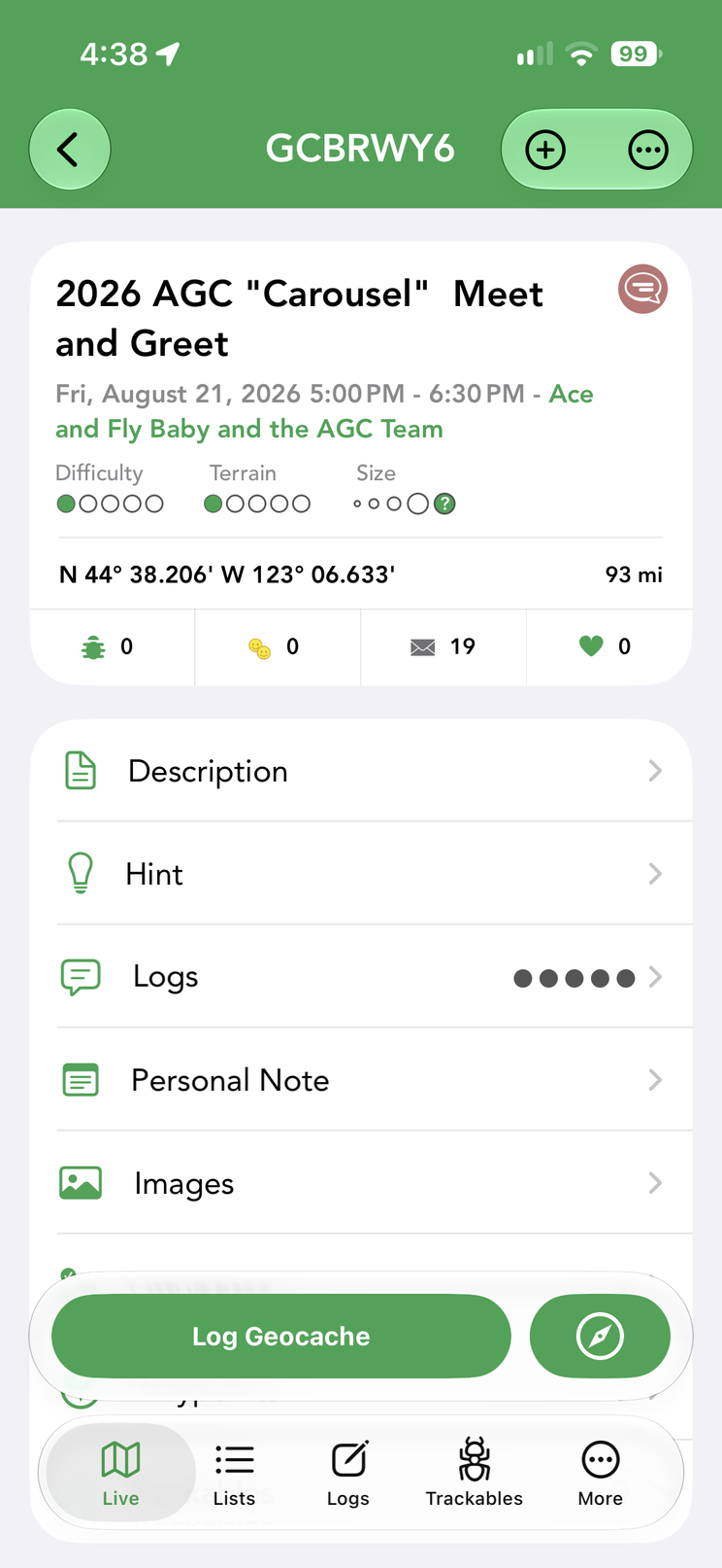 An event cache: the header shows the event date and time, and the counters add Attended and Will Attend totals beside trackables and favorites.