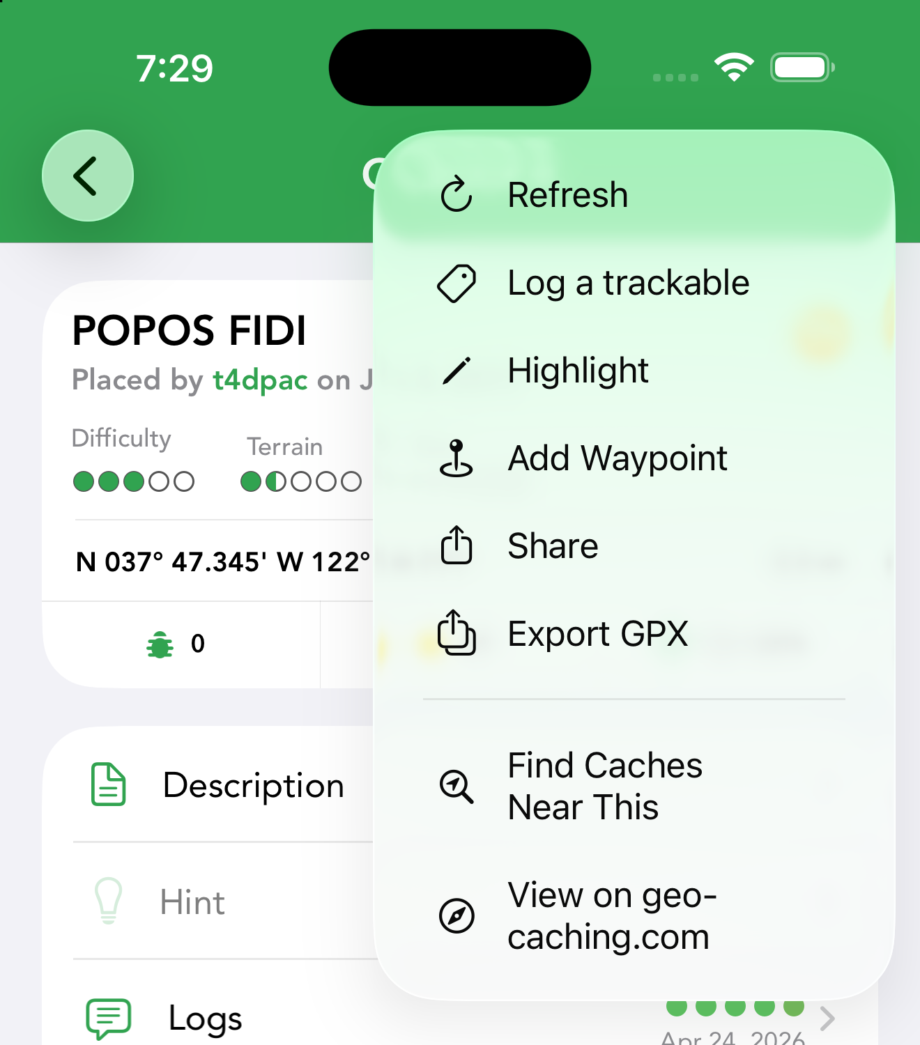 The detail screen's options menu with Refresh, Log a trackable, Highlight, Add Waypoint, Share, Export GPX and more.
