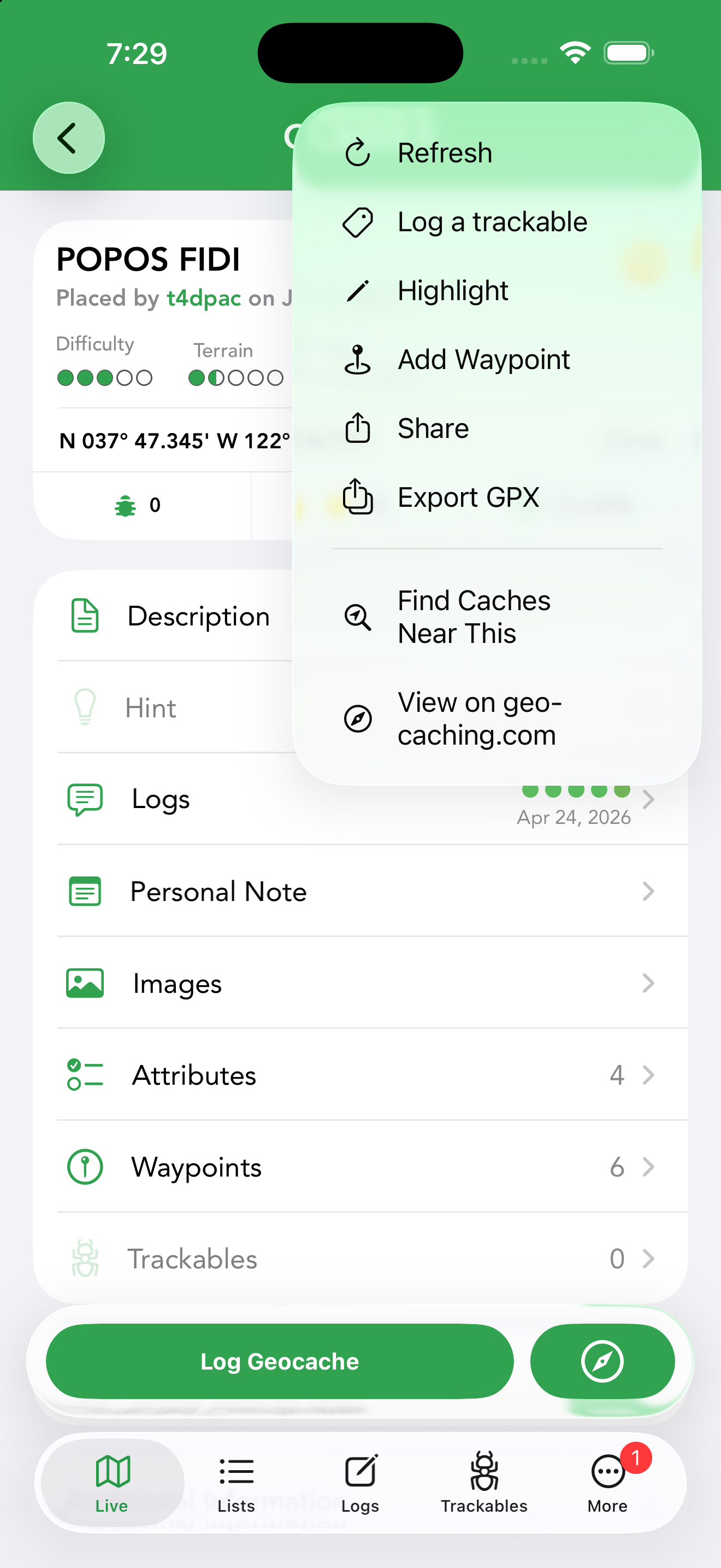 The detail screen's options menu with Refresh, Log a trackable, Highlight, Add Waypoint, Share, Export GPX and more.