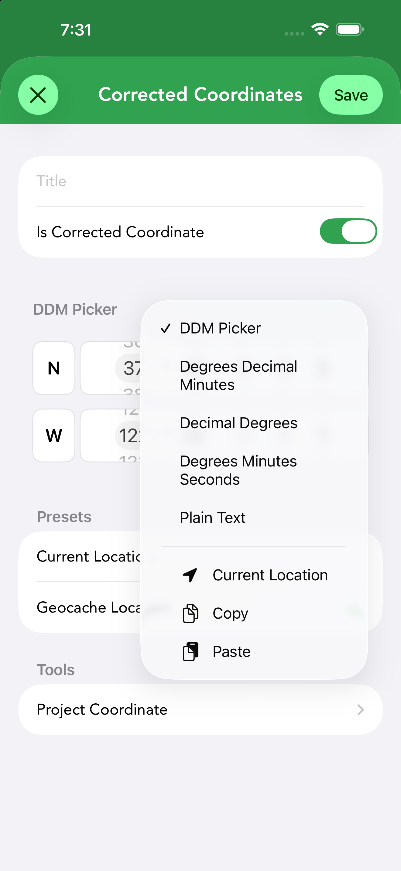 The coordinate picker with its format menu open