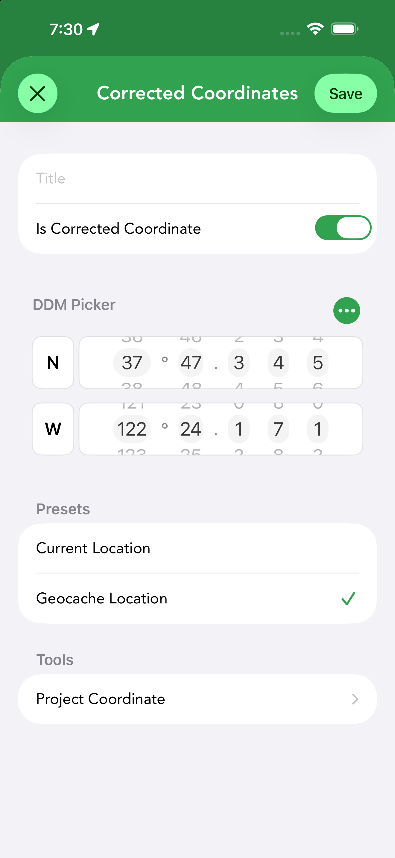 The Corrected Coordinates editor with the Is Corrected toggle, DDM picker, presets and coordinate tools.