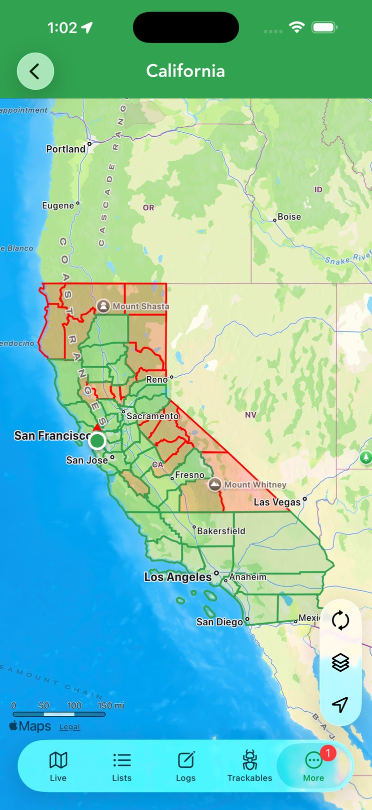 View All shows the state map with found counties in green and missing ones in red.