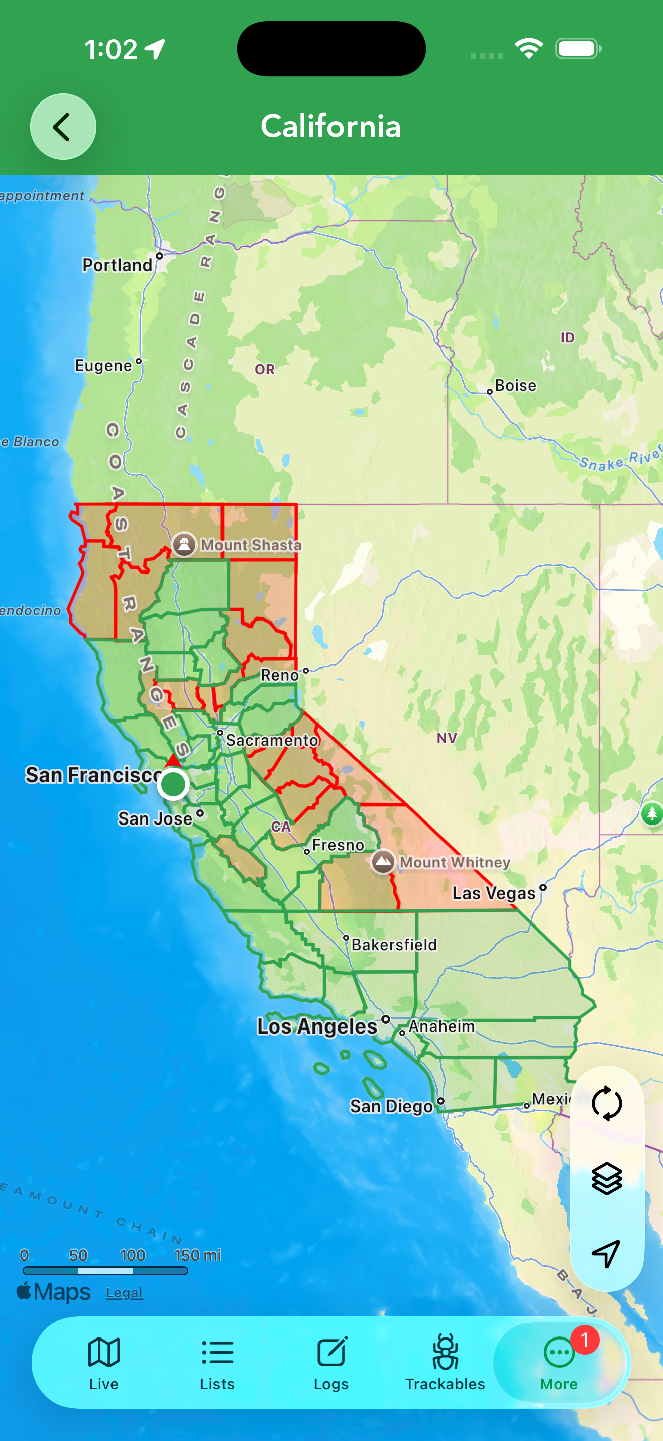 View All shows the state map with found counties in green and missing ones in red.