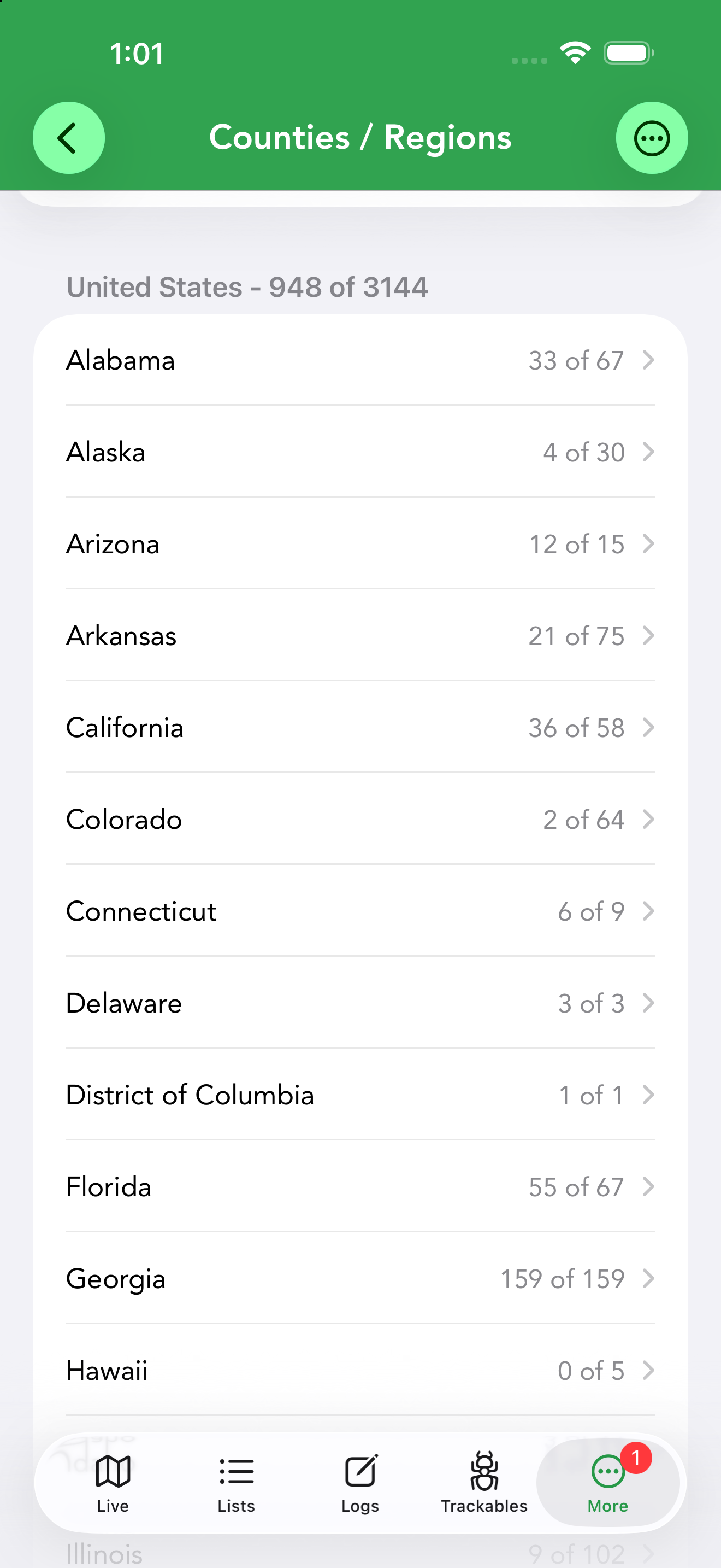 Counties / Regions (Pro): per-state progress toward finding a cache in every county.