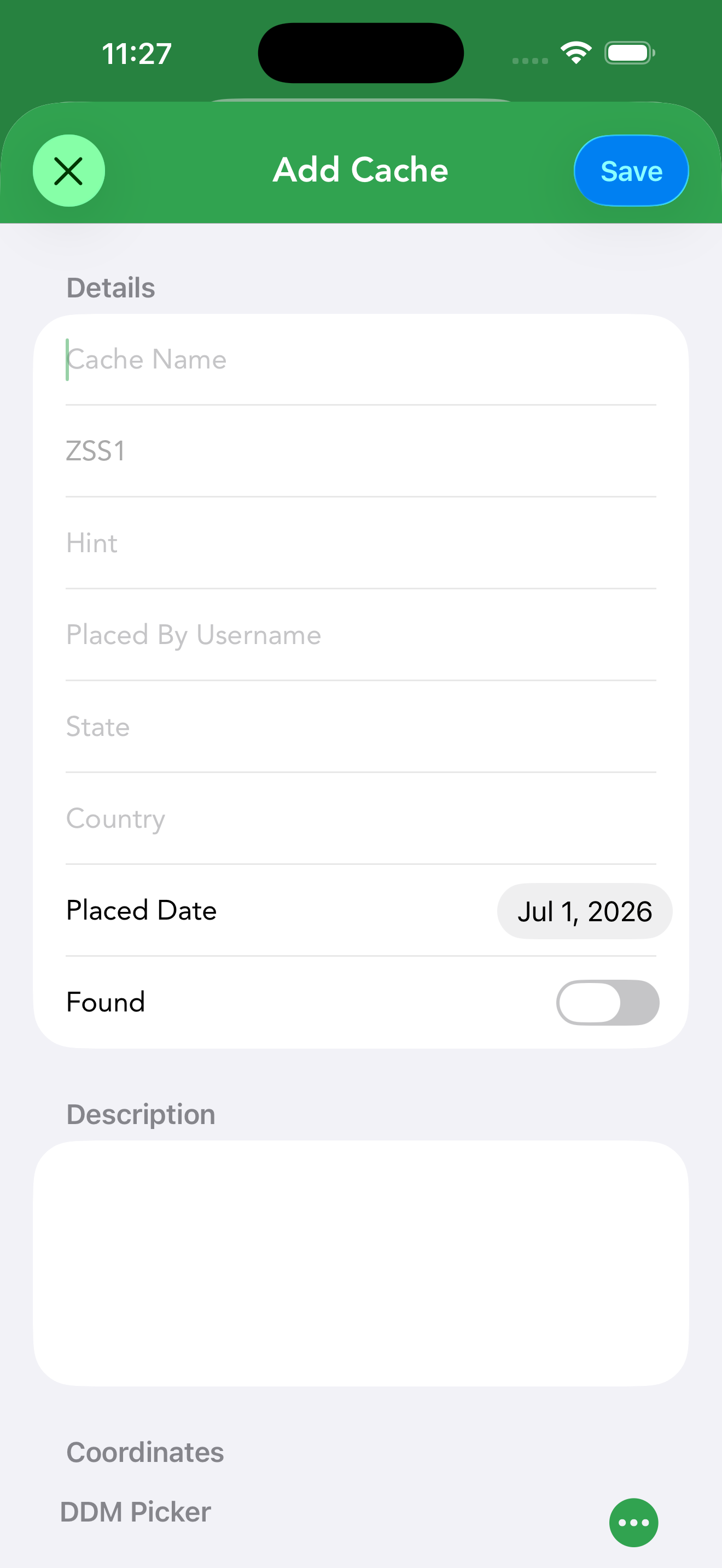 The Create Offline Geocache editor with details, description and a DDM coordinate picker.