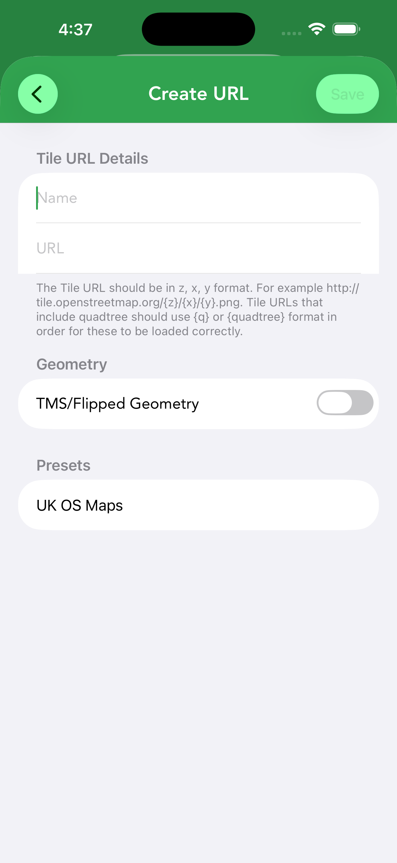 Adding a custom tile source — URL template in z/x/y format, TMS geometry option and presets like UK OS Maps.