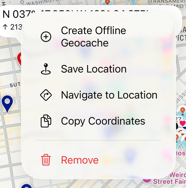 The dropped-pin menu: create an offline geocache, save the location, navigate, or copy coordinates.
