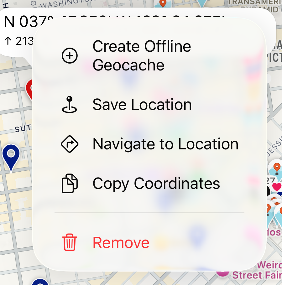 The dropped-pin menu: create an offline geocache, save the location, navigate, or copy coordinates.
