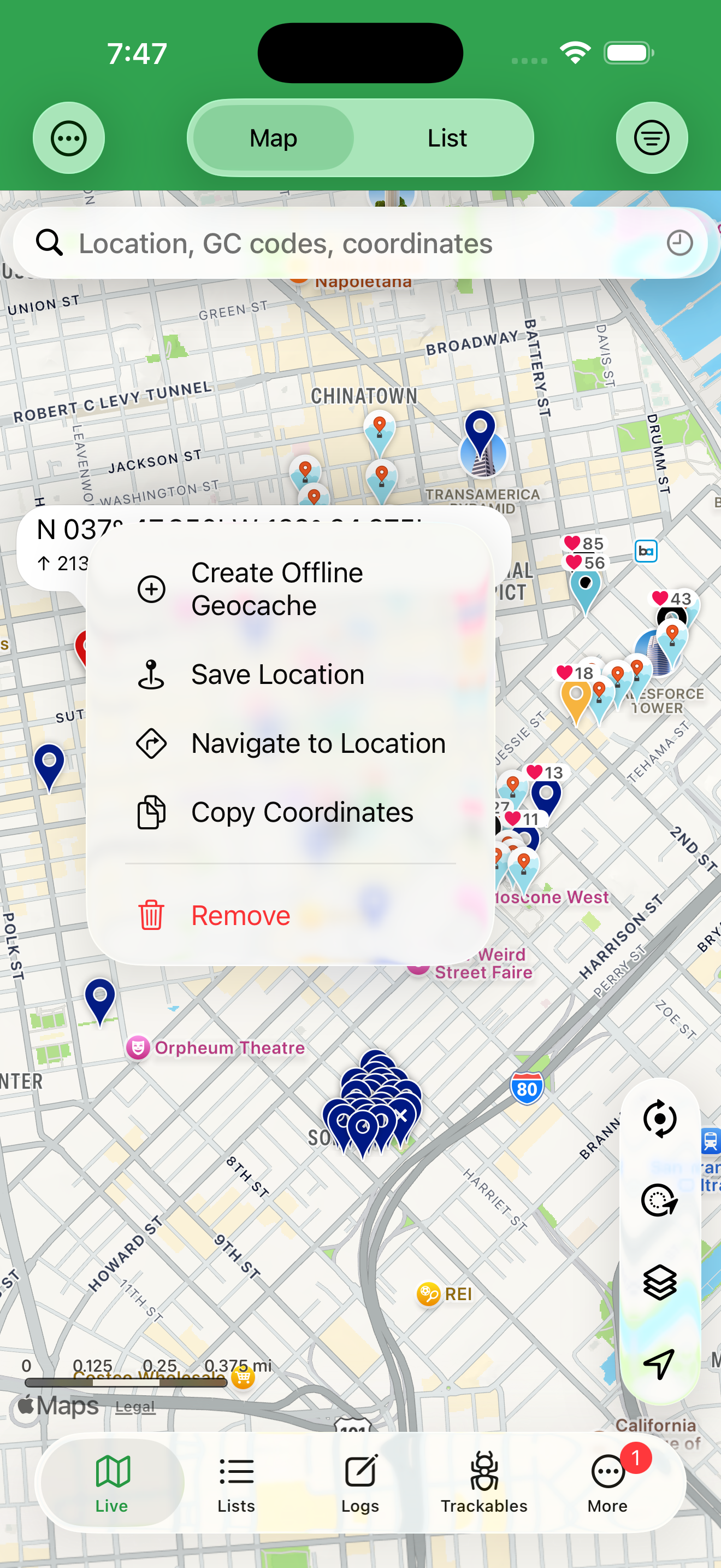 The dropped-pin menu — create an offline geocache, save the location, navigate, or copy coordinates.