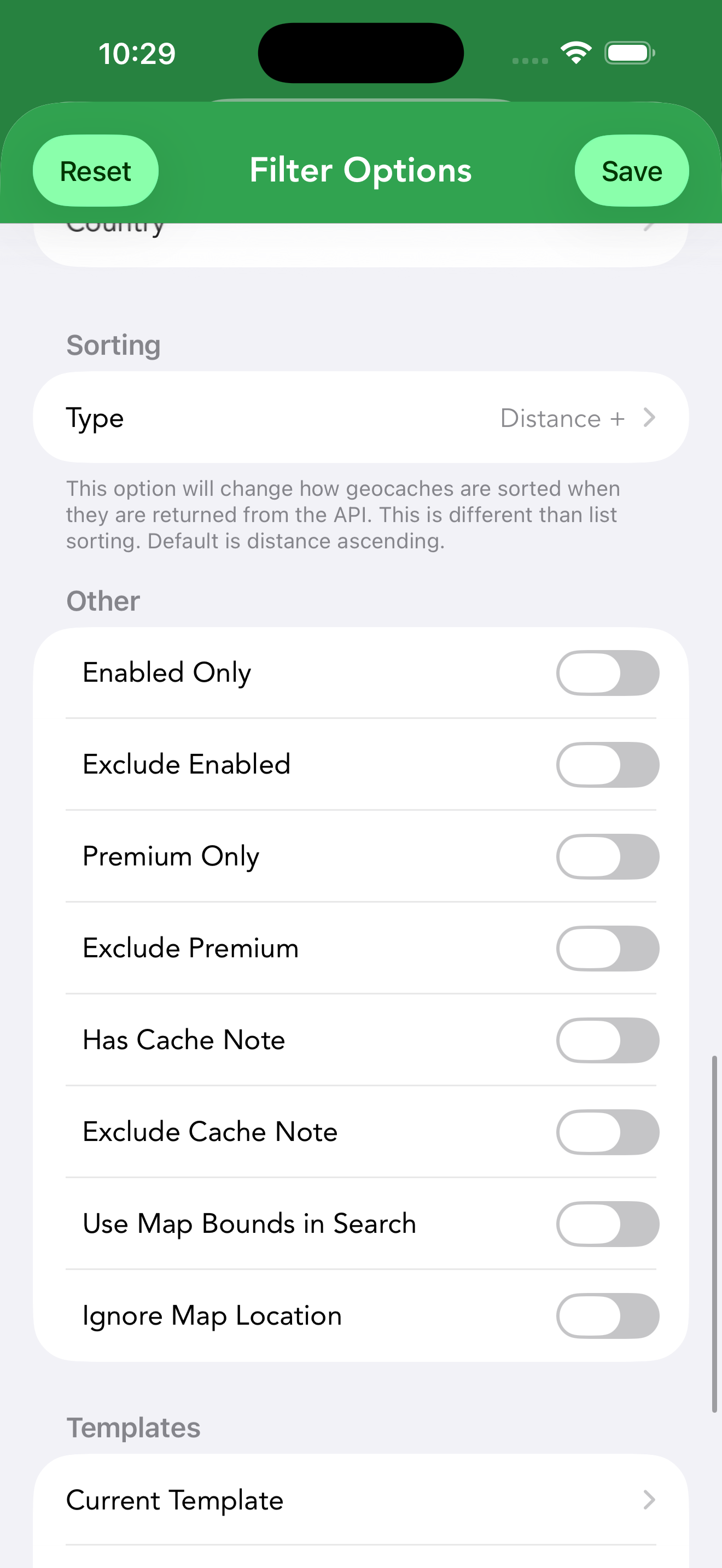 The bottom of the live filter screen — API Sorting, Other toggles, and the Templates section with Current Template and Save New Template.