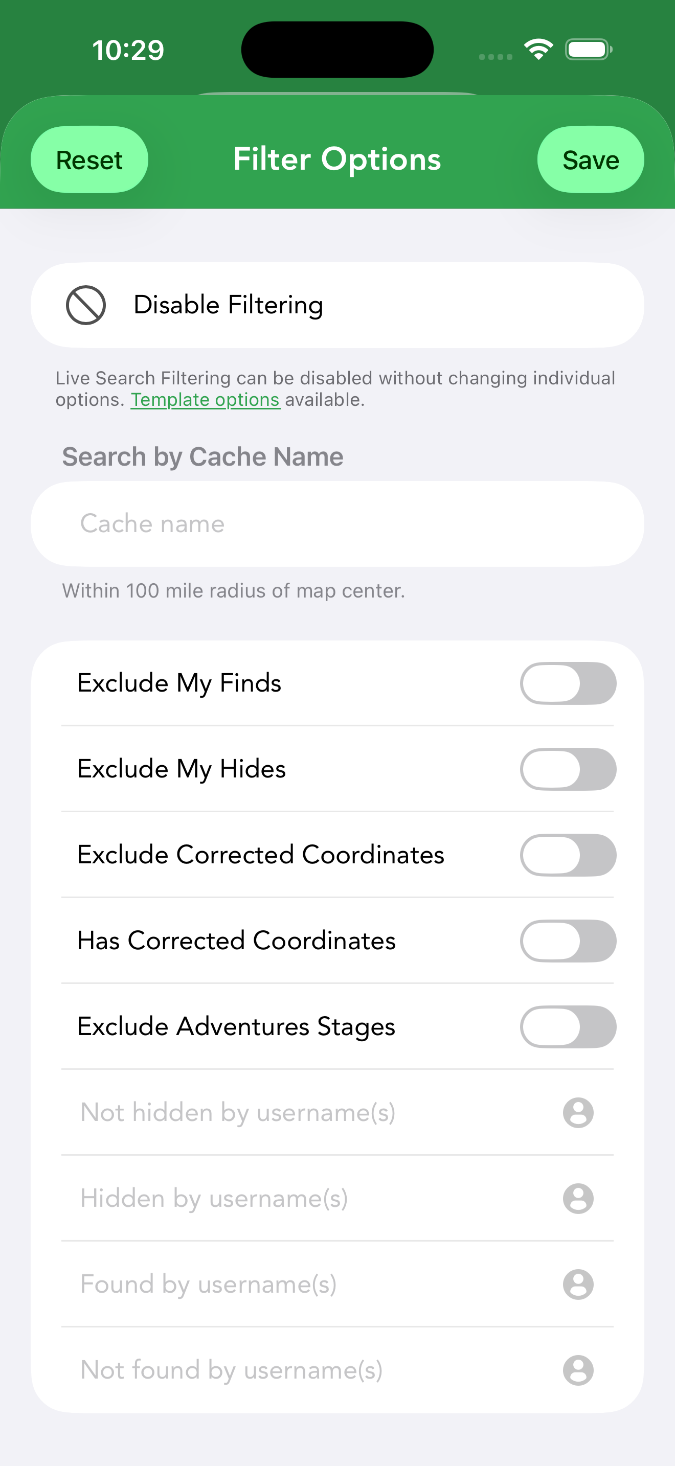 Live Search Filtering — the Disable Filtering master toggle, name search, exclusion checkboxes and cache types.