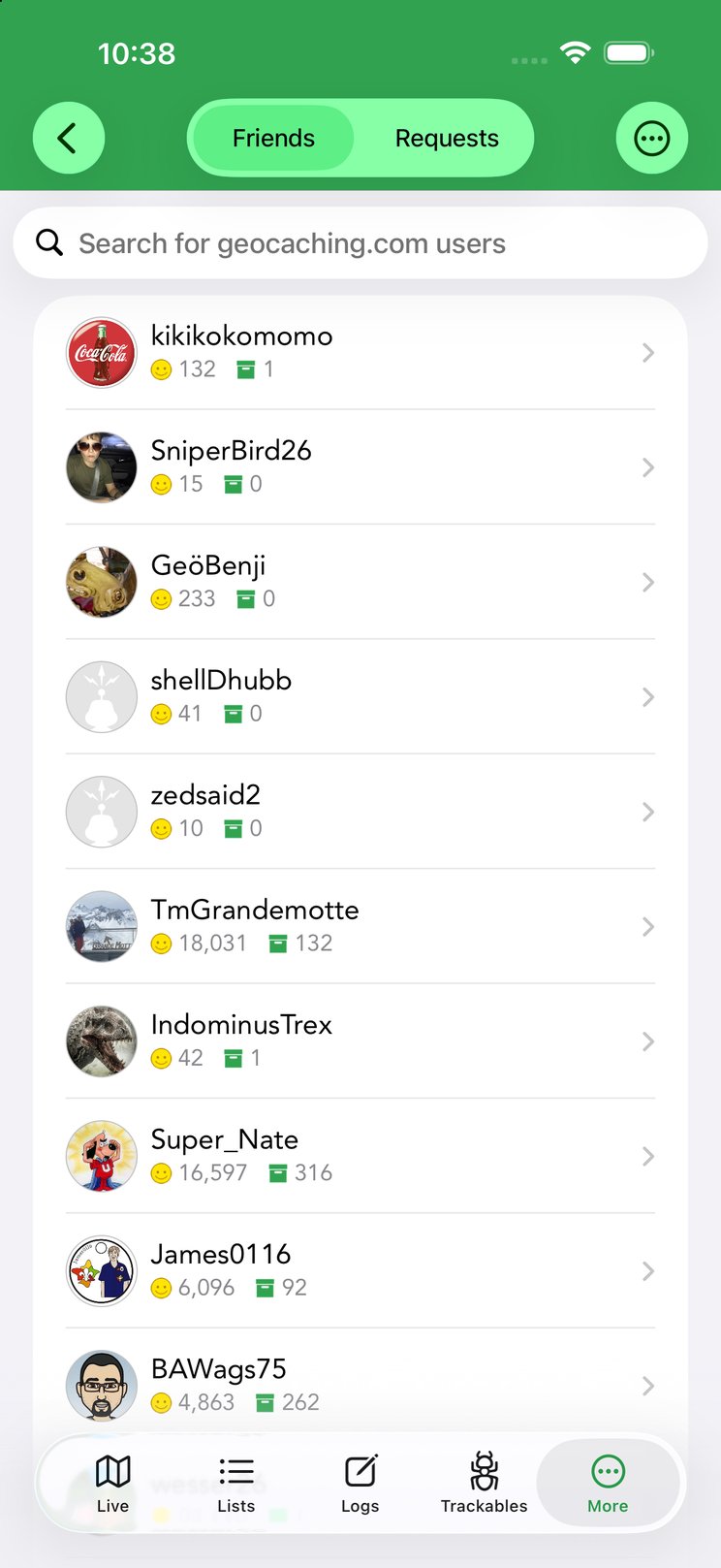 The Friends list shows your geocaching.com friends with their find counts.