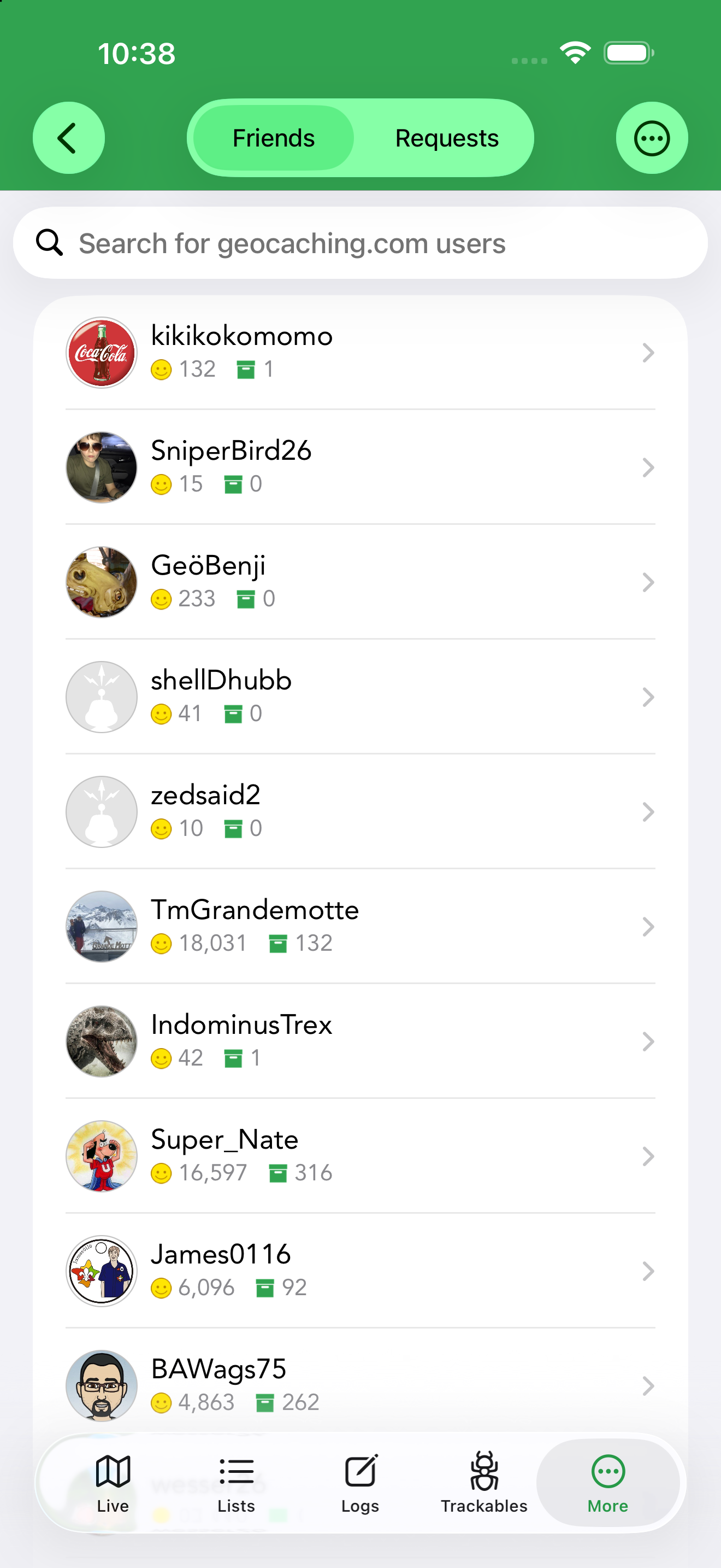 The Friends list shows your geocaching.com friends with their find counts.