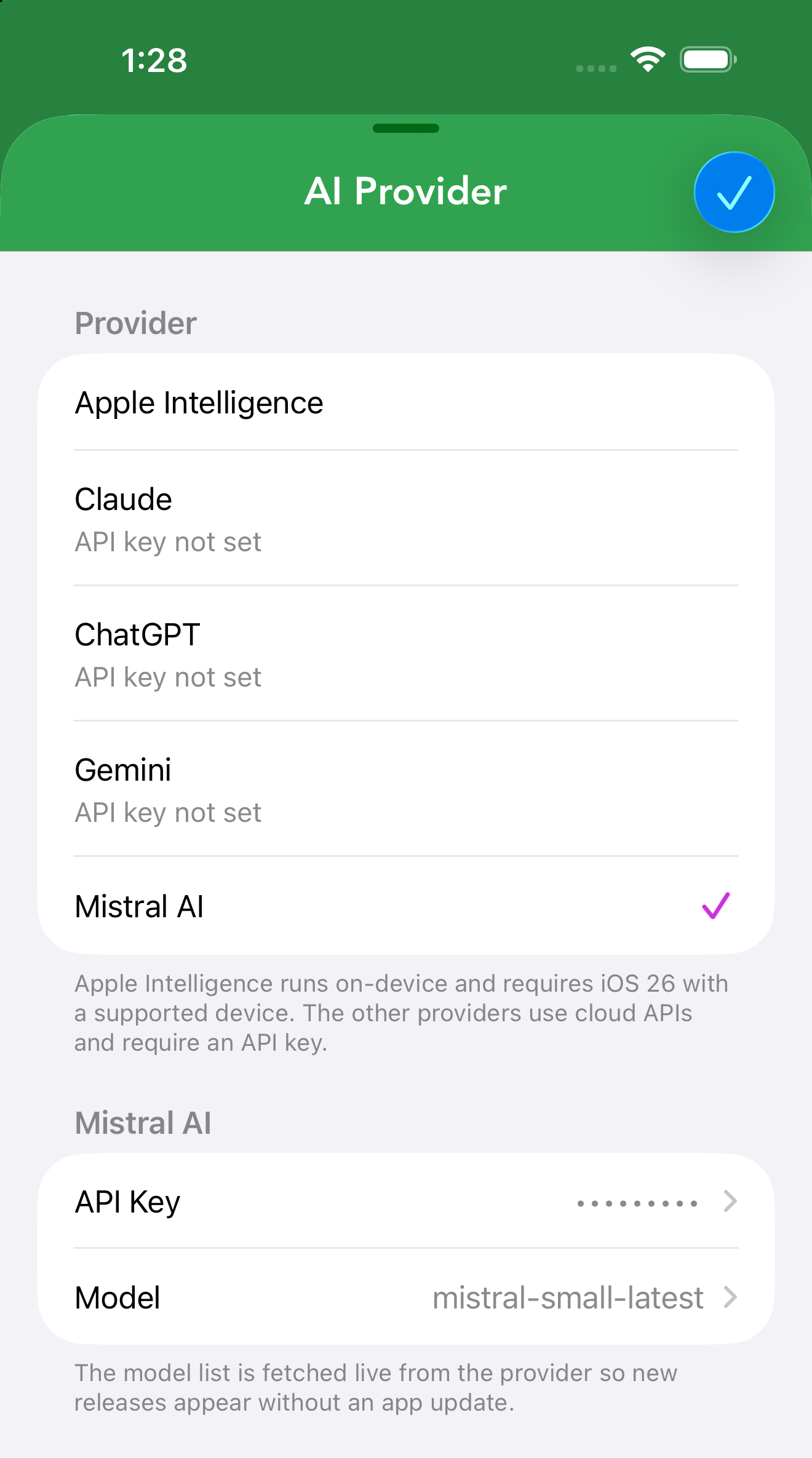 The AI Provider picker with Mistral selected, showing its API Key and Model rows below the provider list.