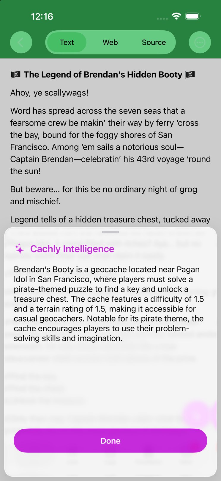 The same sparkle button on a description condenses a long listing into a quick read.