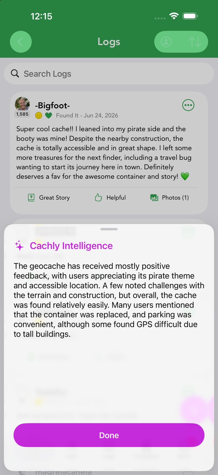 A one-tap summary of a cache's recent logs, generated on-device.
