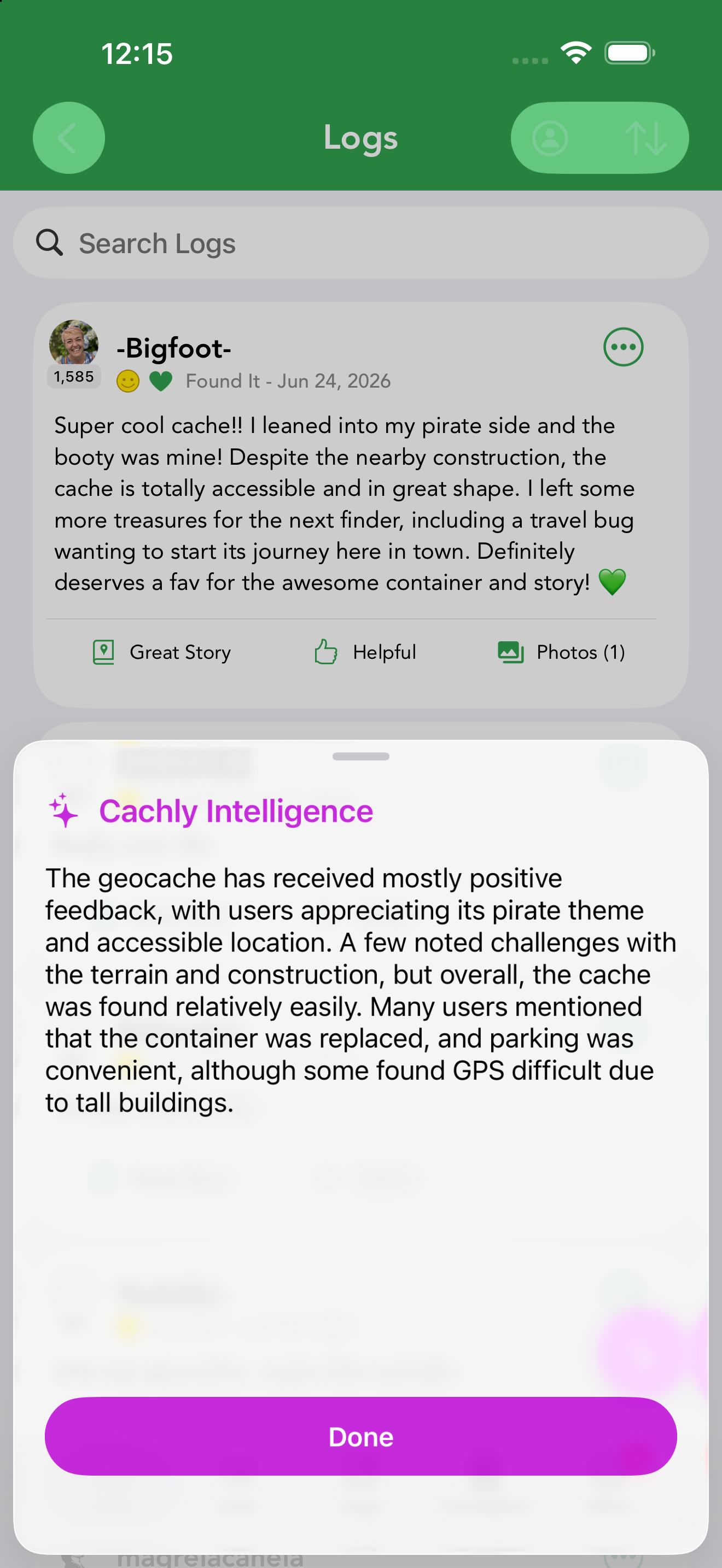 A one-tap summary of a cache’s recent logs, generated on-device.