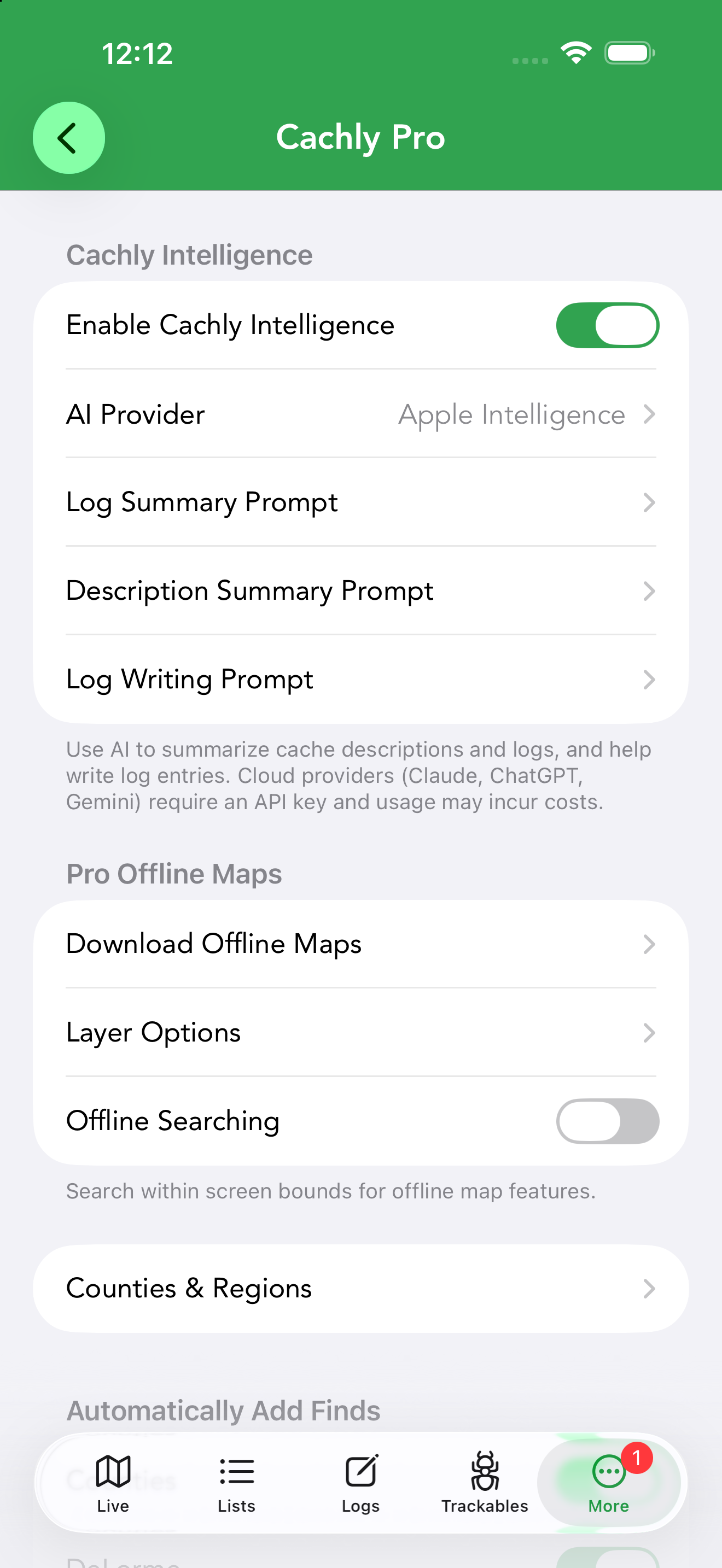Cachly Intelligence settings — the enable toggle, AI Provider, and the three editable prompts.