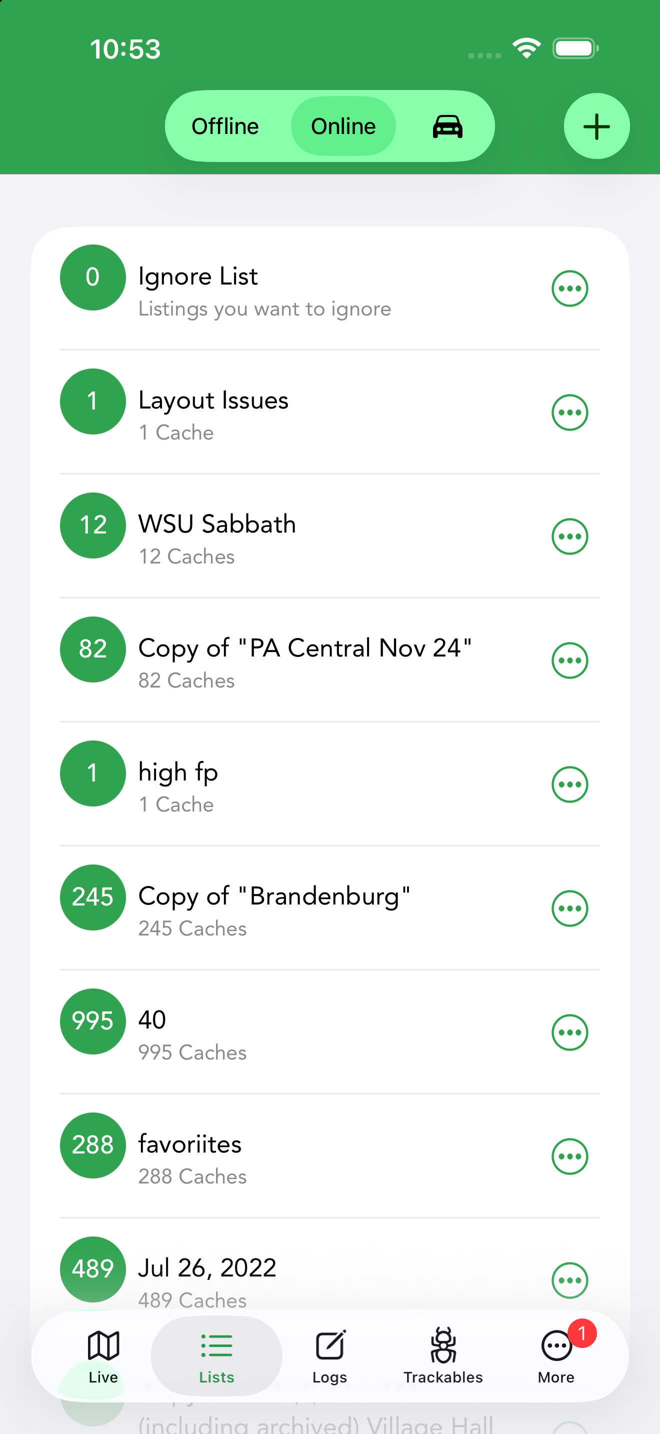 The Online segment — your geocaching.com bookmark lists, including the Ignore List, with cache counts.