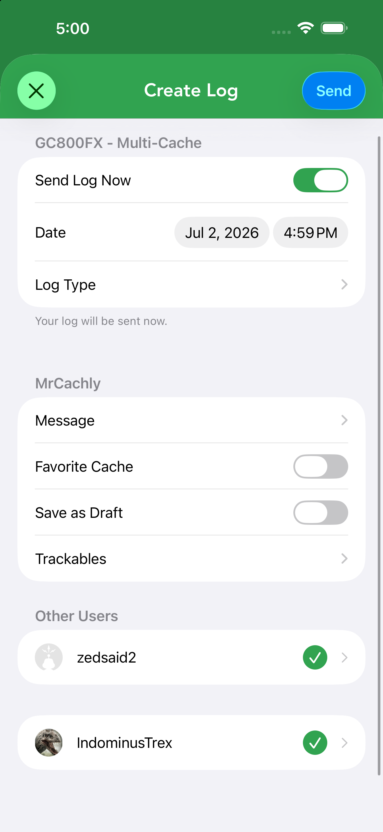 The log screen with an Other Users section listing every added account.