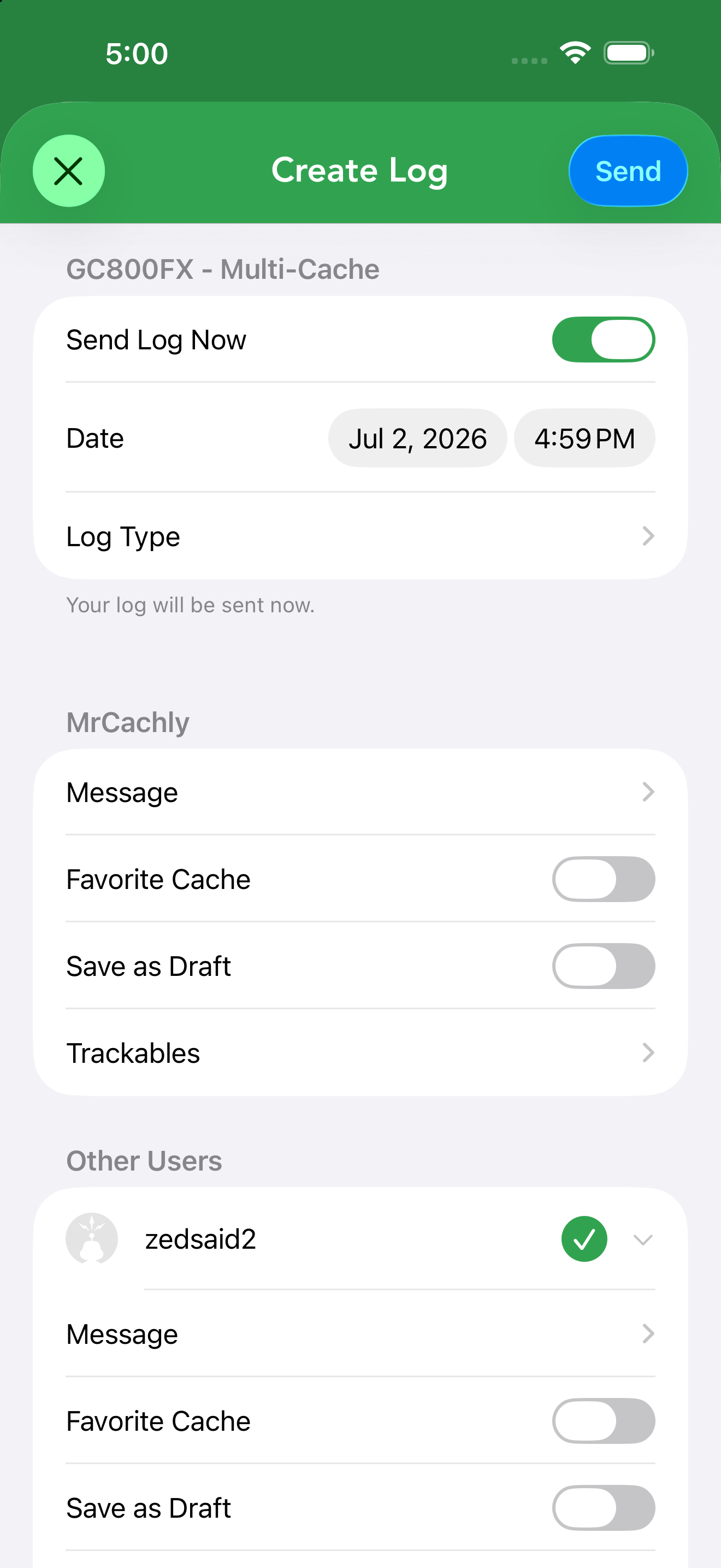 Expanding a user reveals their own Message, Favorite Cache, Save as Draft and Trackables.