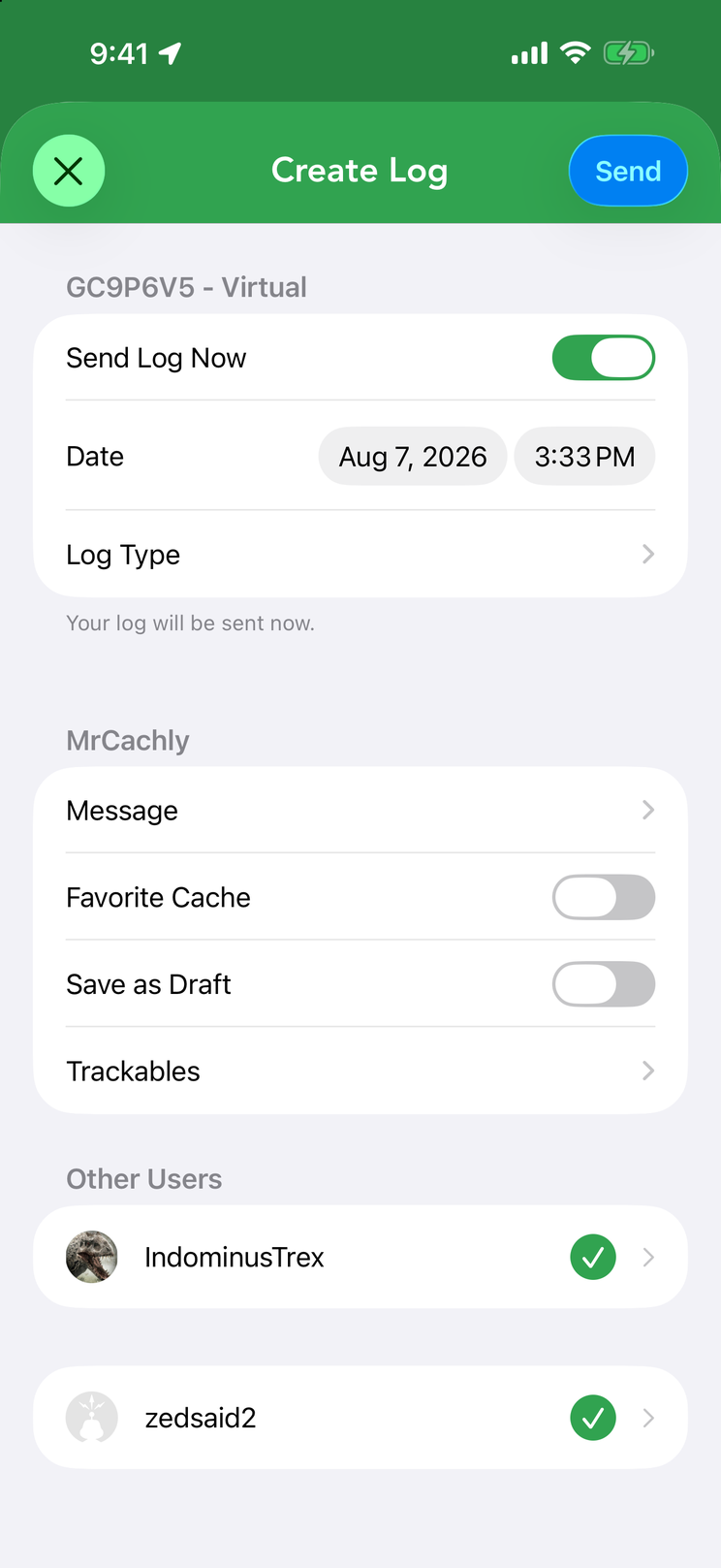 With Multi-User Logging on, an Other Users section lists every added account — a green checkmark means that account will log too; tap a user to expand their own message and options.