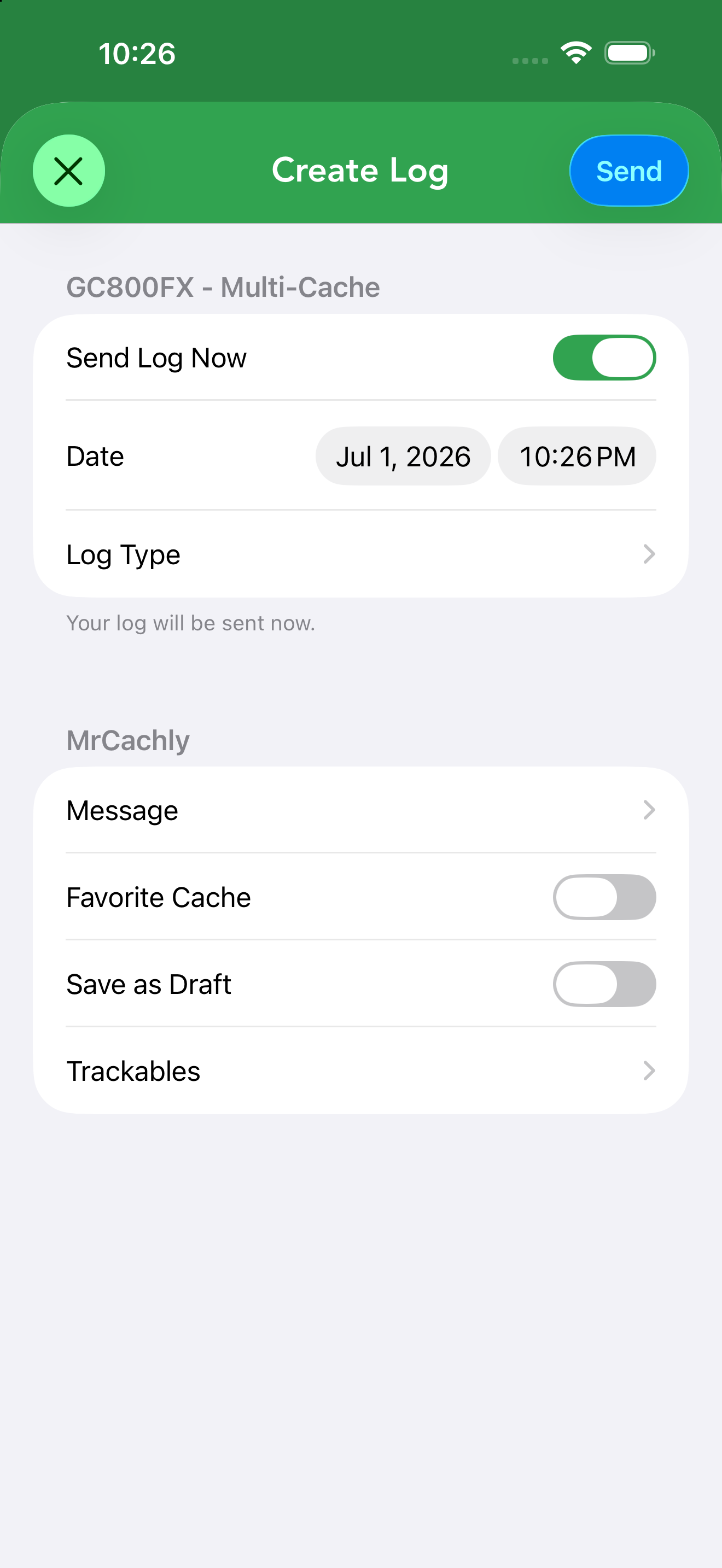 The Log Geocache screen with Send Log Now, date and time, Log Type, and a per-user section with Message, Favorite Cache, Save as Draft and Trackables.