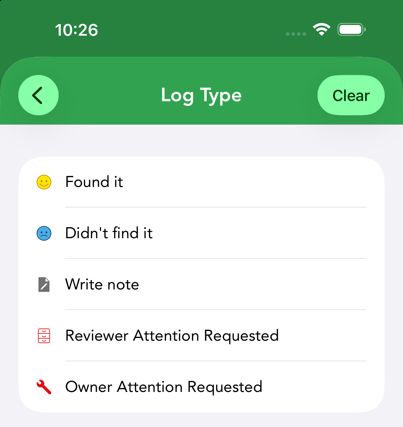 The Log Type picker: Found it, Didn't find it, Write note, Reviewer Attention Requested and Owner Attention Requested.