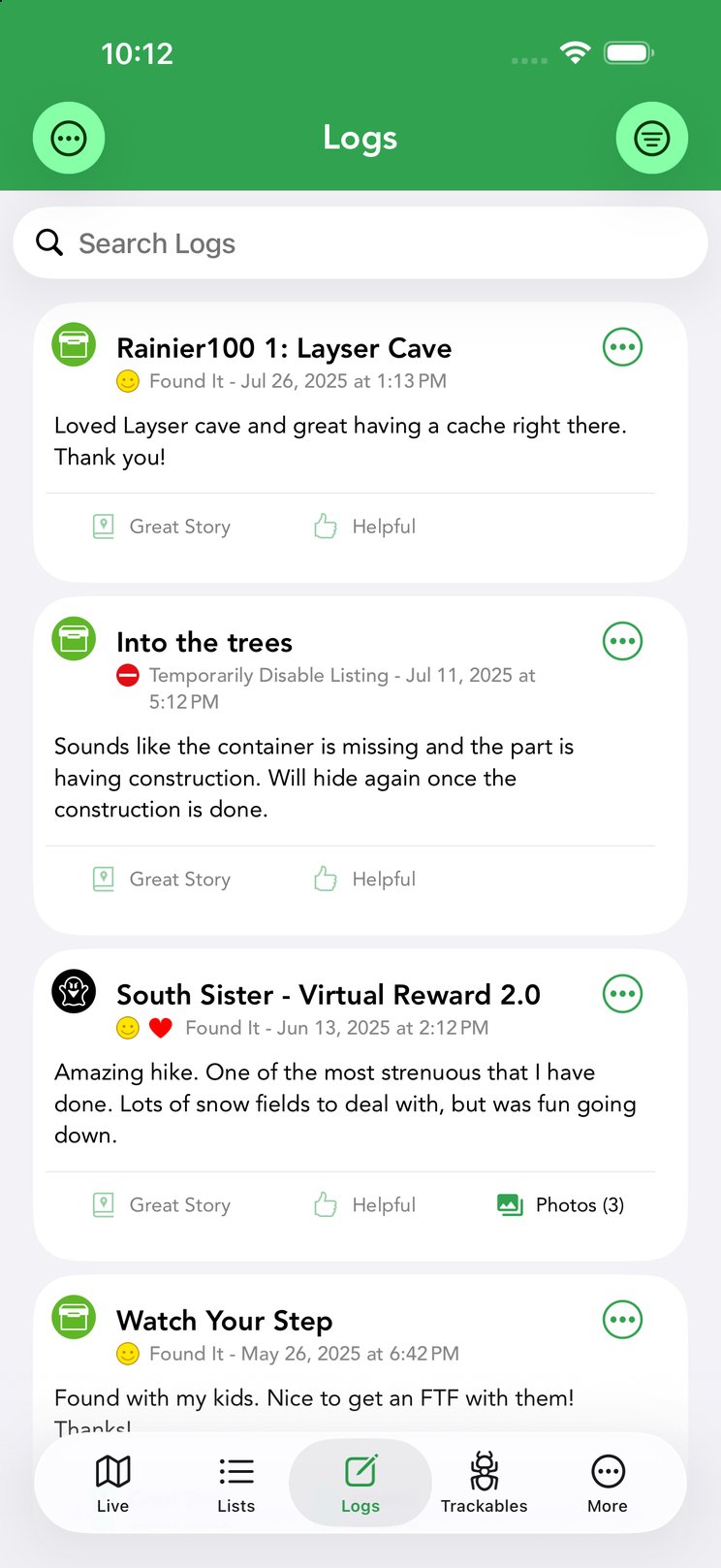 The Logs tab: your logs in chronological order with type, date, badges and photo counts.