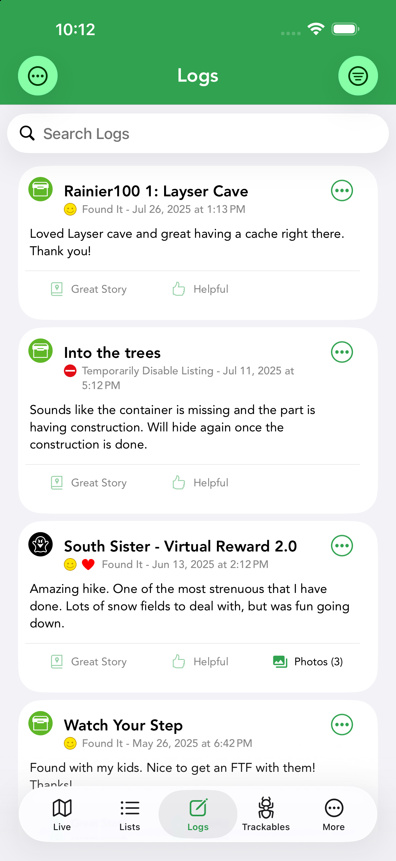 The Logs tab: your logs in chronological order with type, date, badges and photo counts.