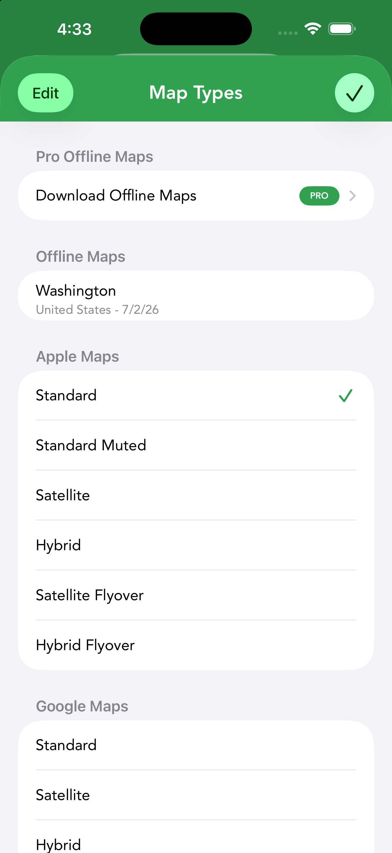 The Map Types panel with the Pro Offline Maps download and Apple & Google styles.