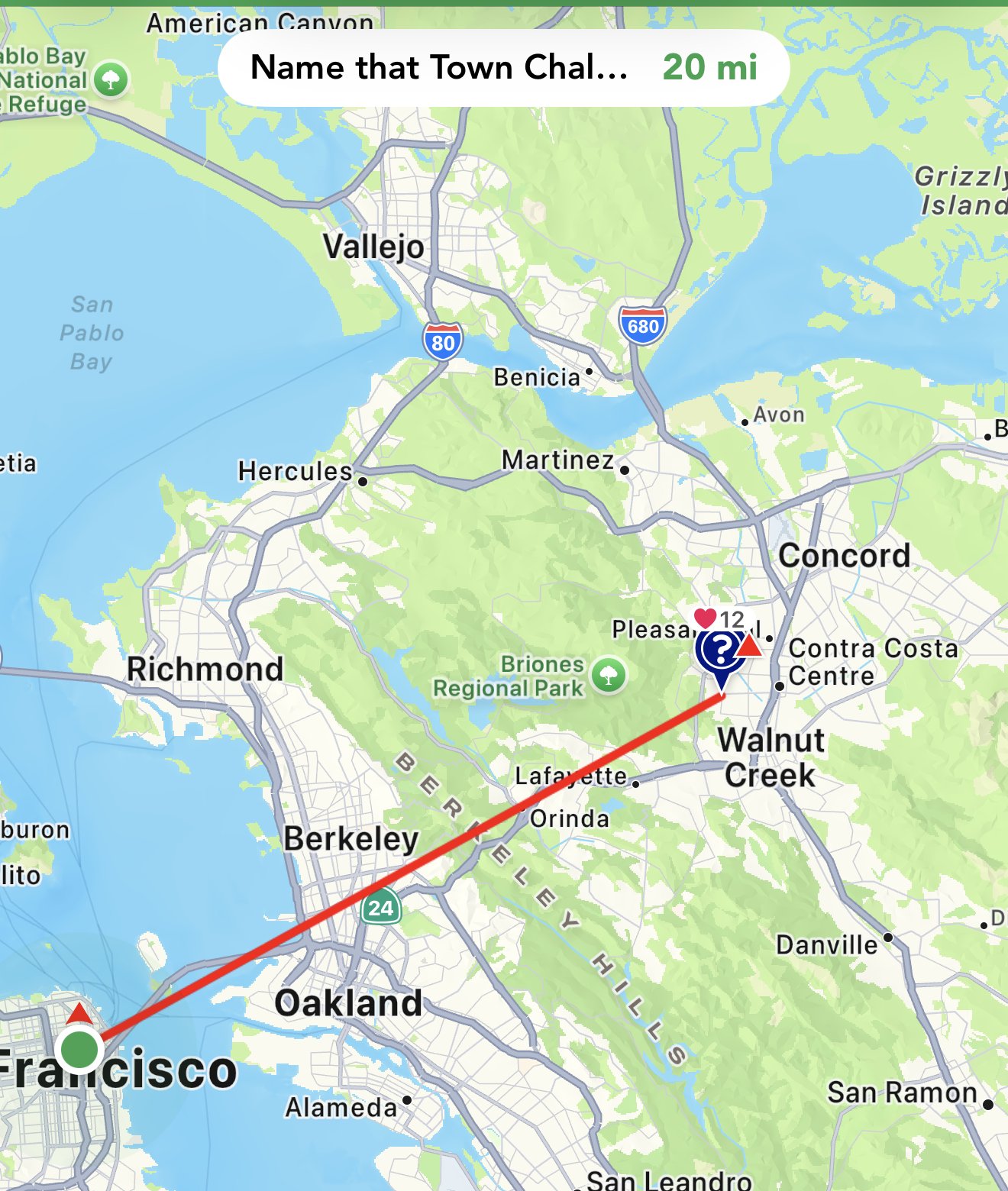 The Navigate to Cache map with a direct line drawn from your location to the cache and the distance shown at the top.