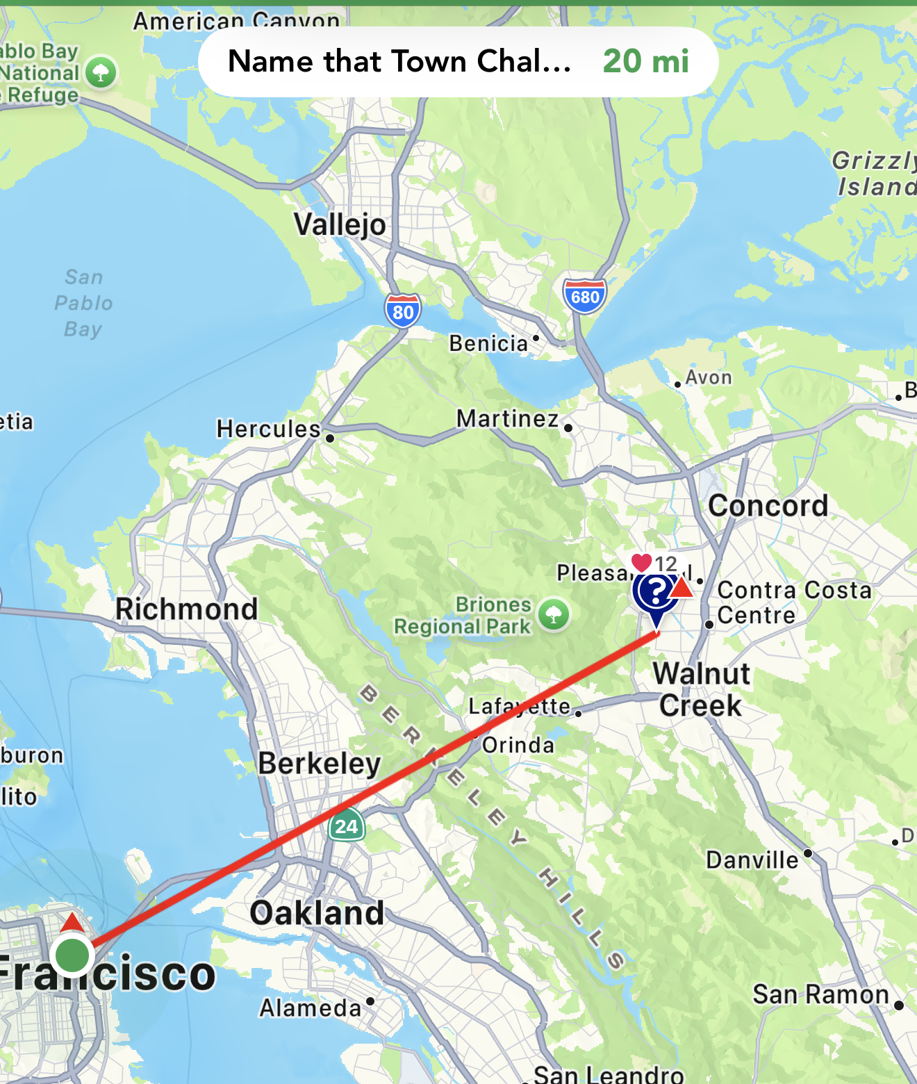 The Navigate to Cache map with a direct line drawn from your location to the cache and the distance shown at the top.