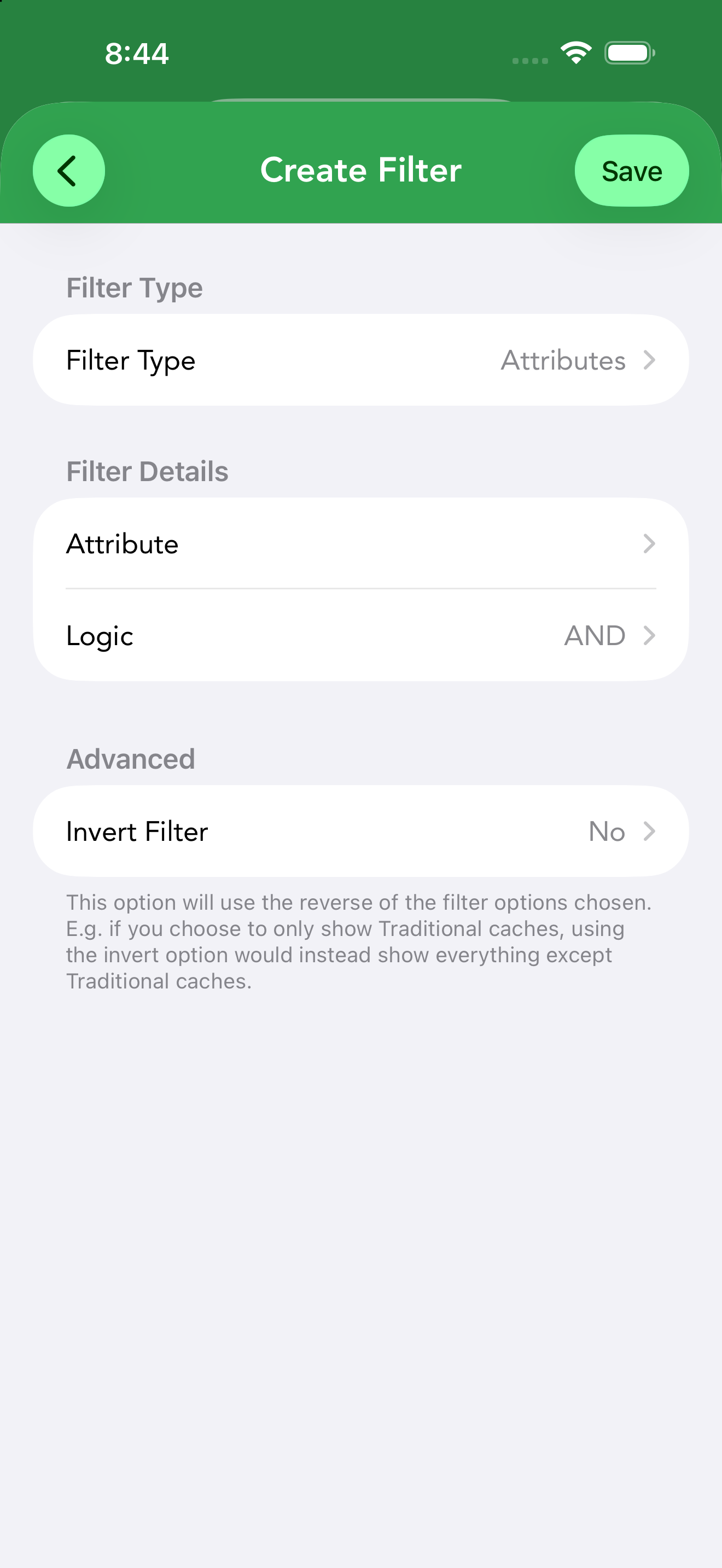 Configuring a filter — type-specific Filter Details with AND/OR logic, plus the Advanced Invert Filter option.