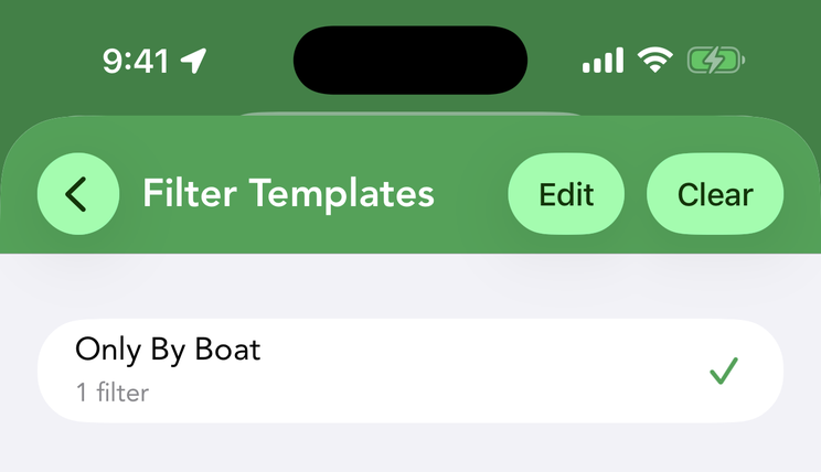 An offline list&rsquo;s Filter Templates, each showing how many filters it holds; Clear removes the applied template.