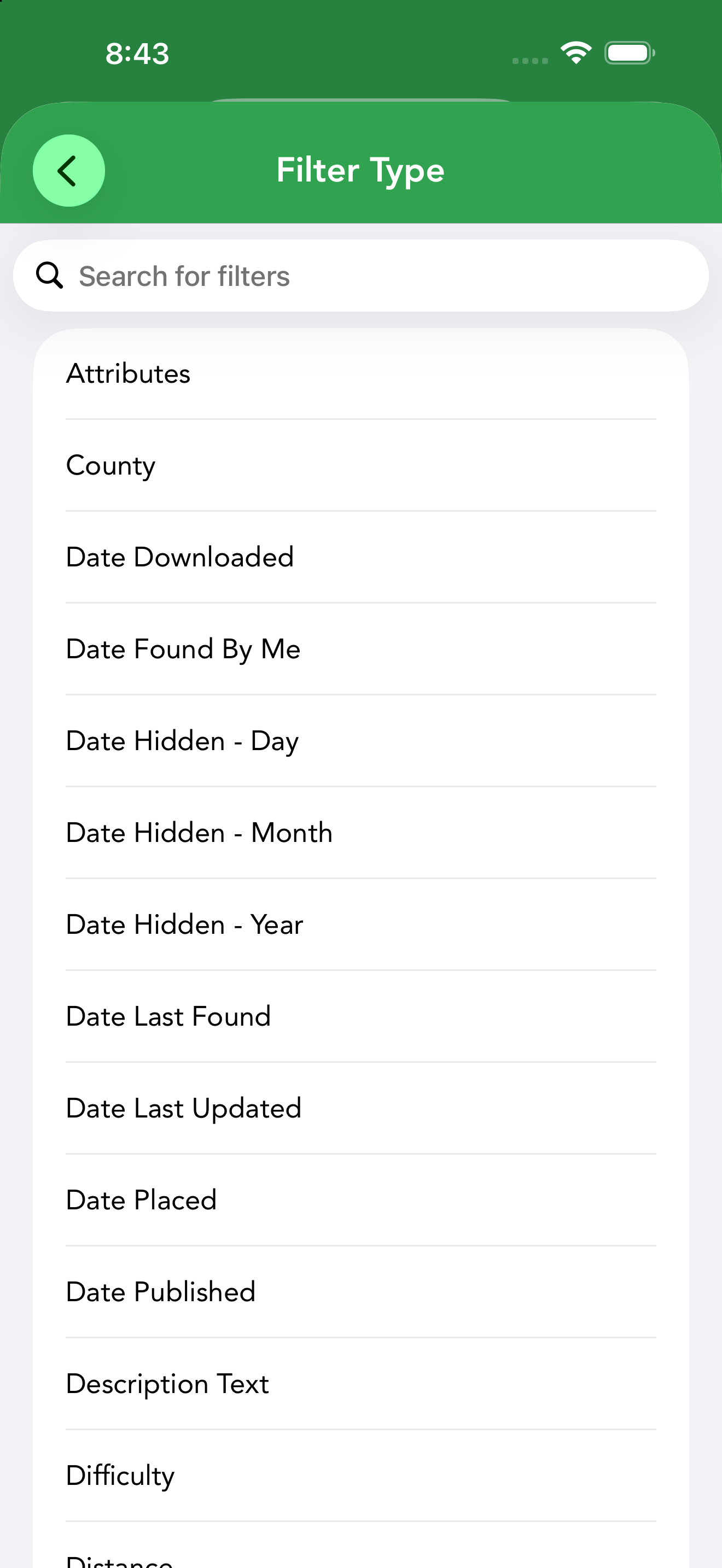 The Filter Type picker when adding an offline list filter — dozens of types from Attributes to Distance and beyond.