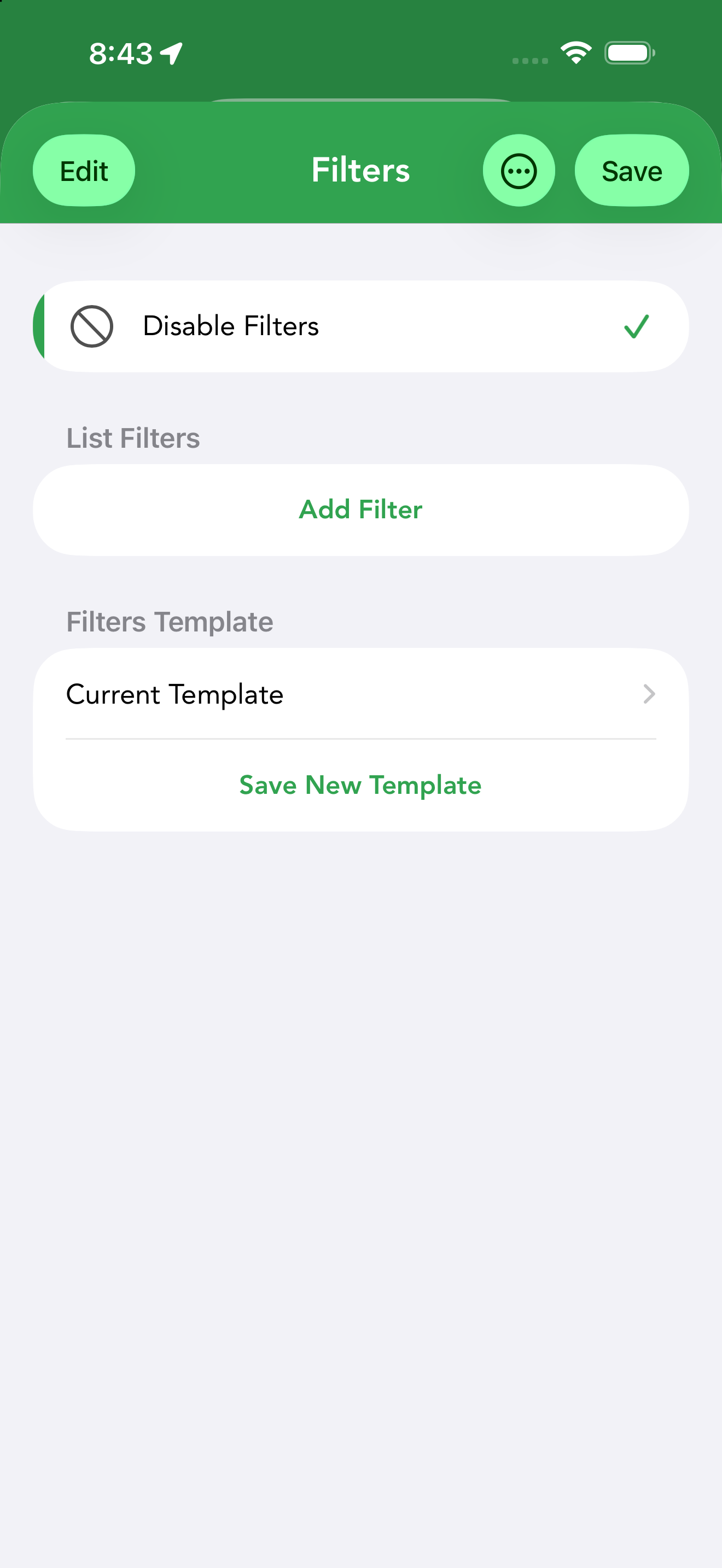 An offline list’s filter screen — Disable Filters, stackable List Filters and the Filters Template section.