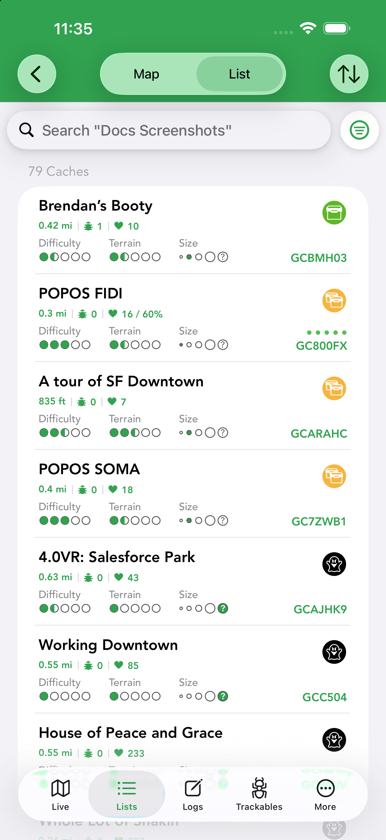 An offline list in List mode — sortable cache rows with distance, D/T, size and GC code.