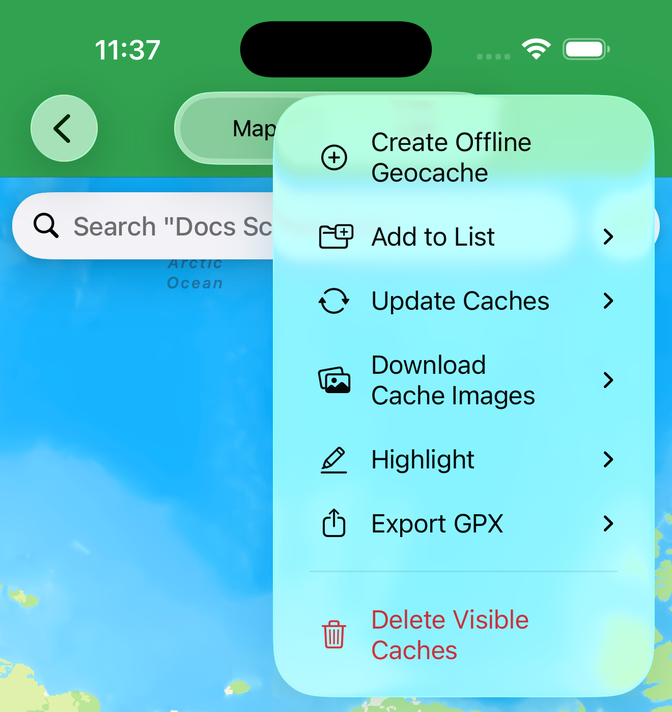 The offline list … menu — update caches, download images, highlight, export GPX and more.