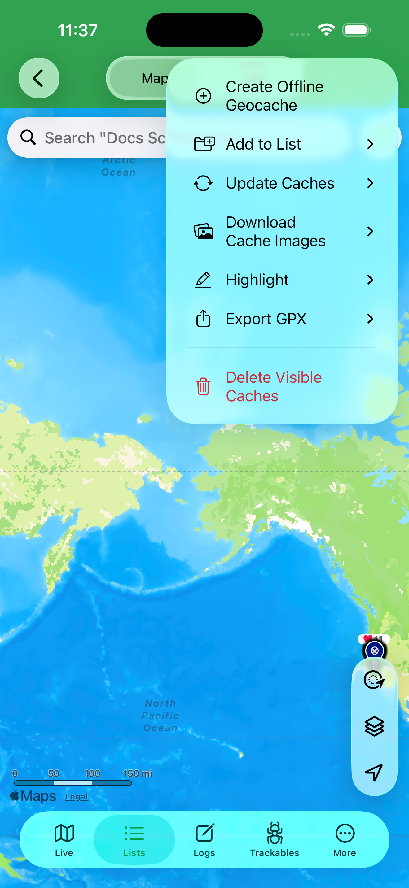 The offline list … menu — update caches, download images, highlight, export GPX and more.